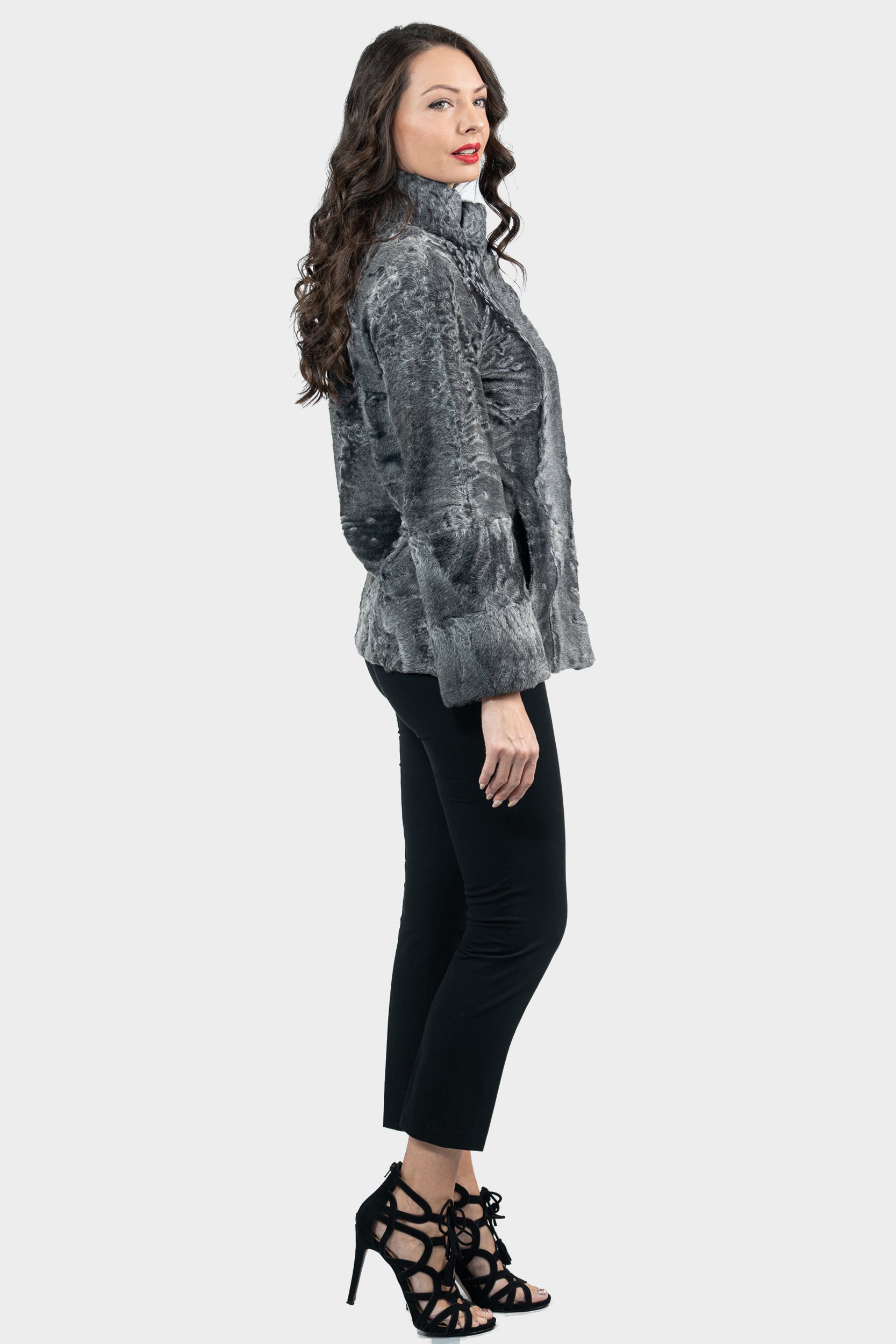 Gray Swakara Jacket with Stand Collar