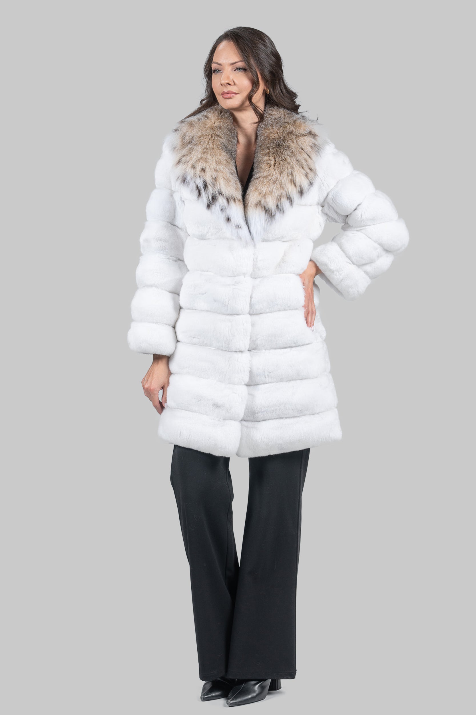 Pure White Chinchilla Half Coat with Bobcat Fur Collar