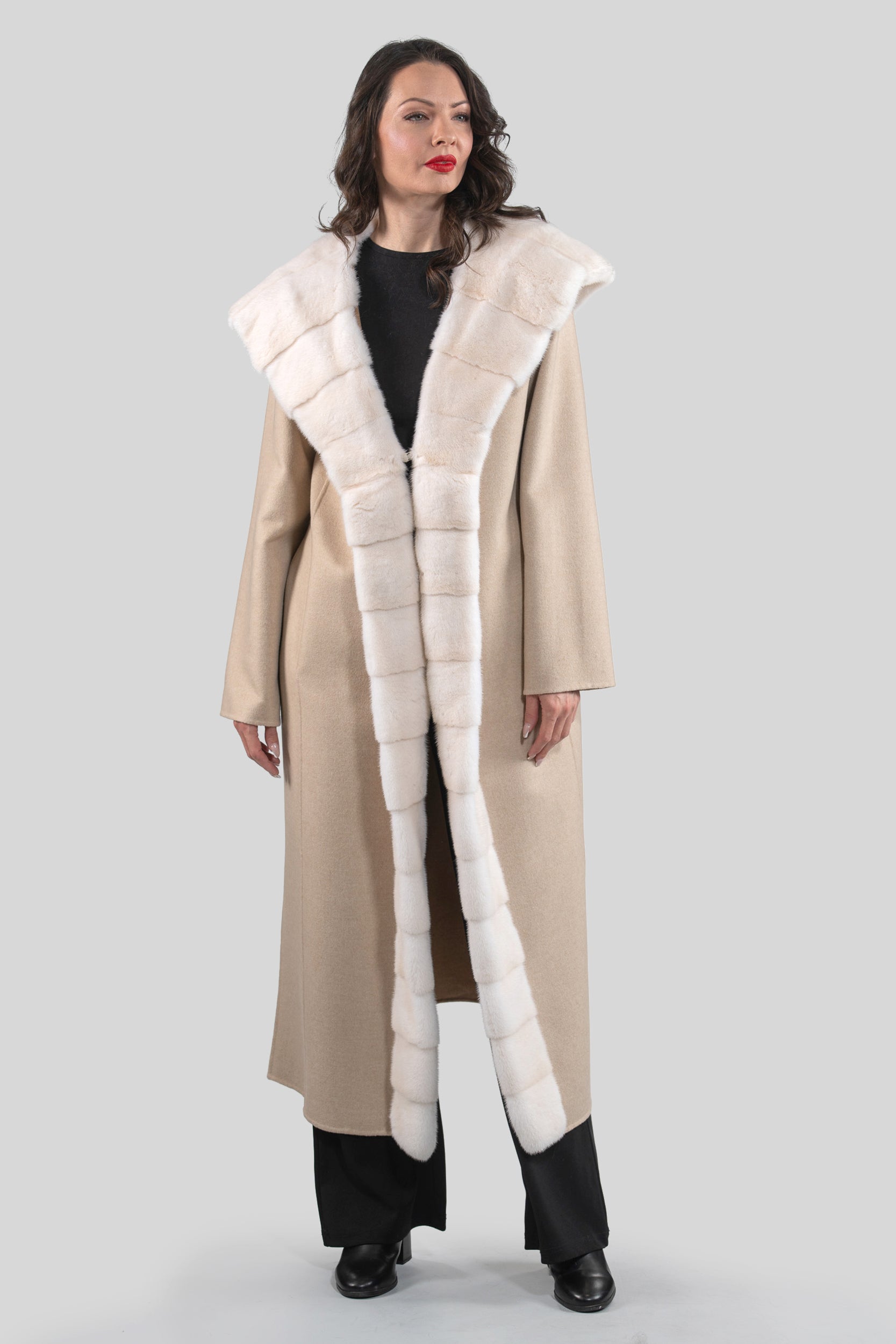 Ecru Beige Cashmere Hooded Coat with Mink Trim