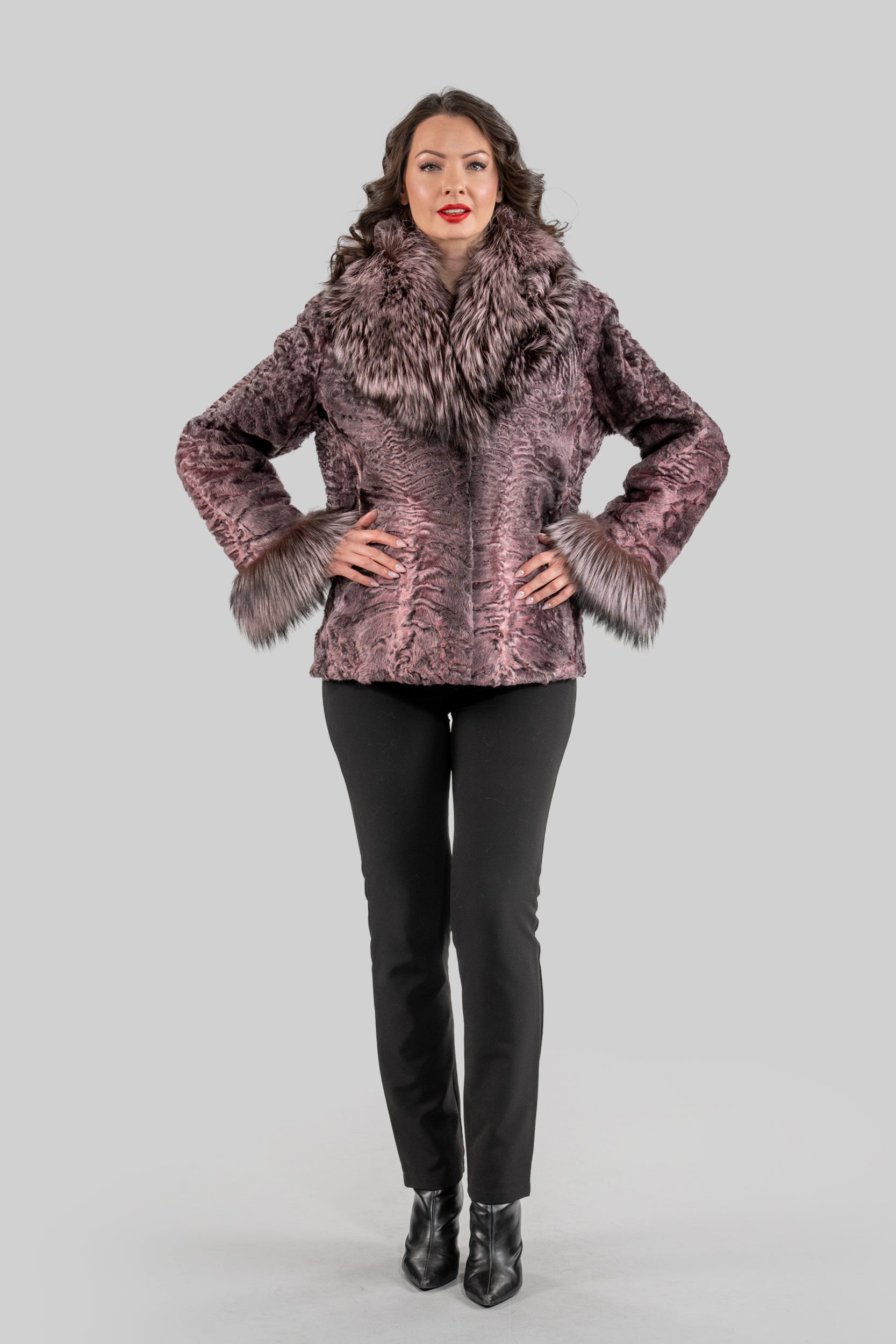 Swakara Jacket With Fox Fur Trim Notch Collar and Cuffs in Pink
