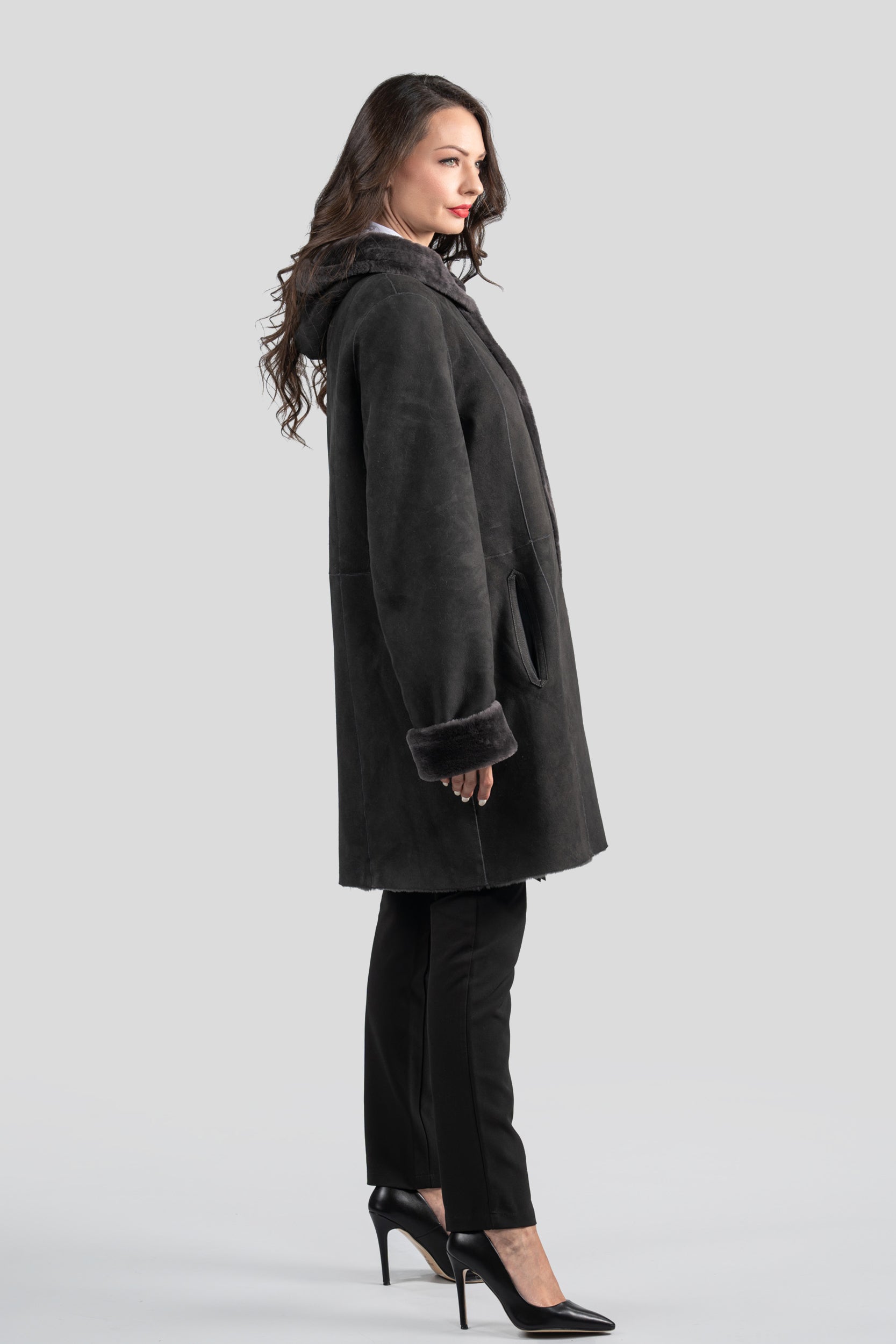 Hooded Gray Half Coat in Spanish Merino