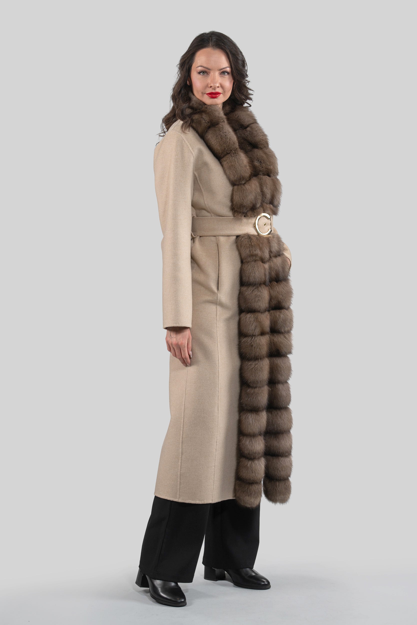 Ecru Beige Cashmere Coat with Russian Sable Trim