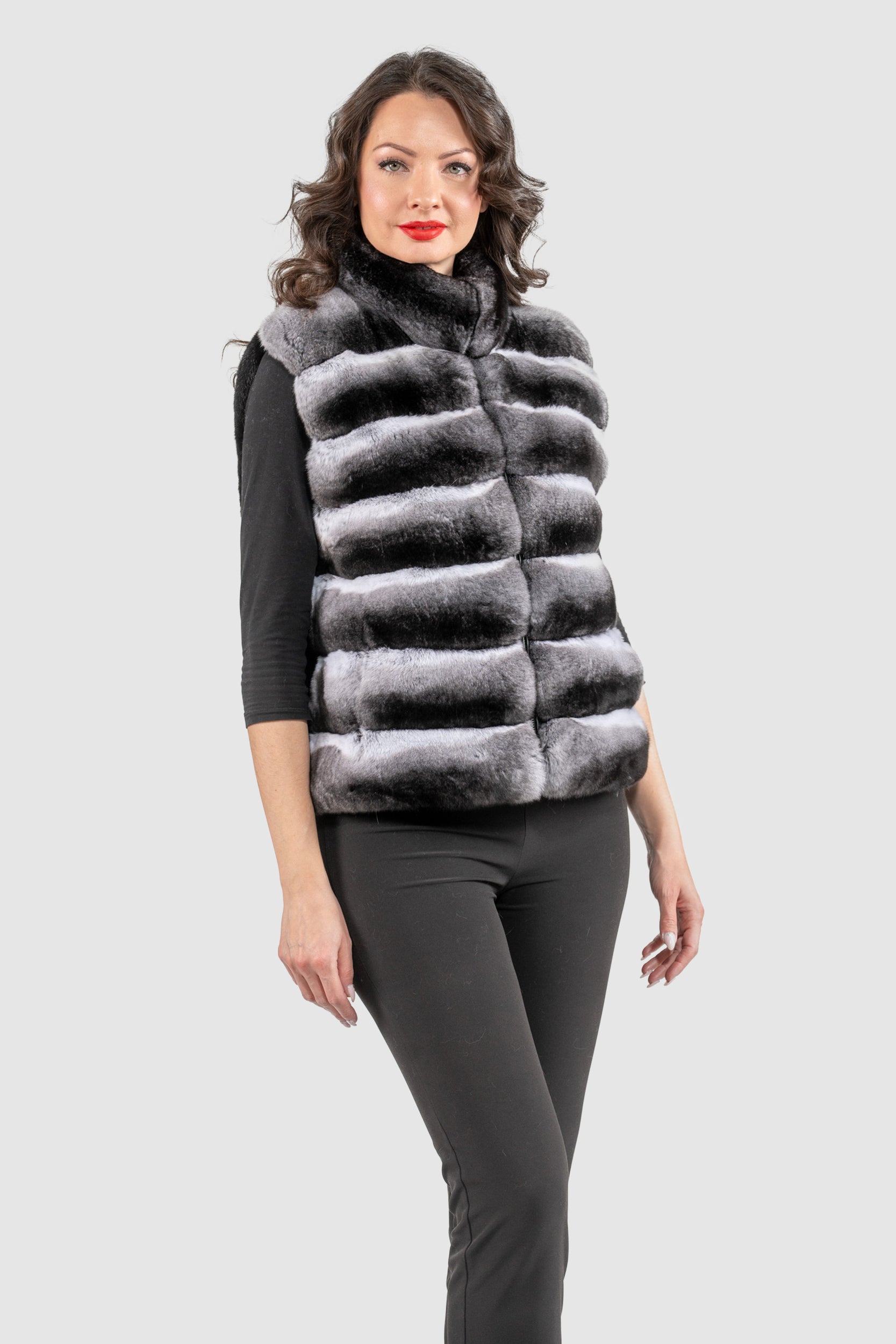 Natural Chinchilla Fur Vest with Stand Collar and Mink Trim