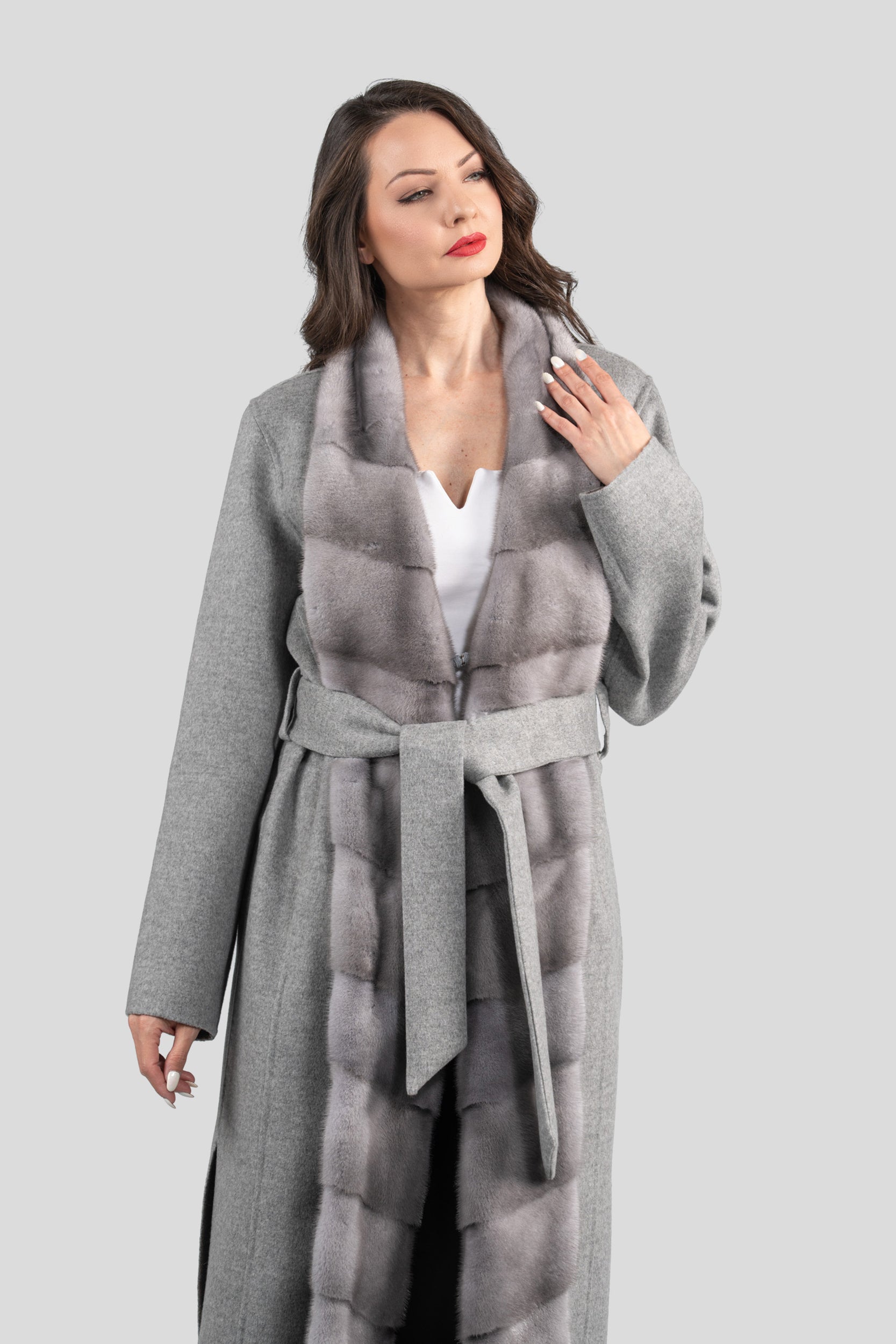 Gray Cashmere Coat with Mink Trim