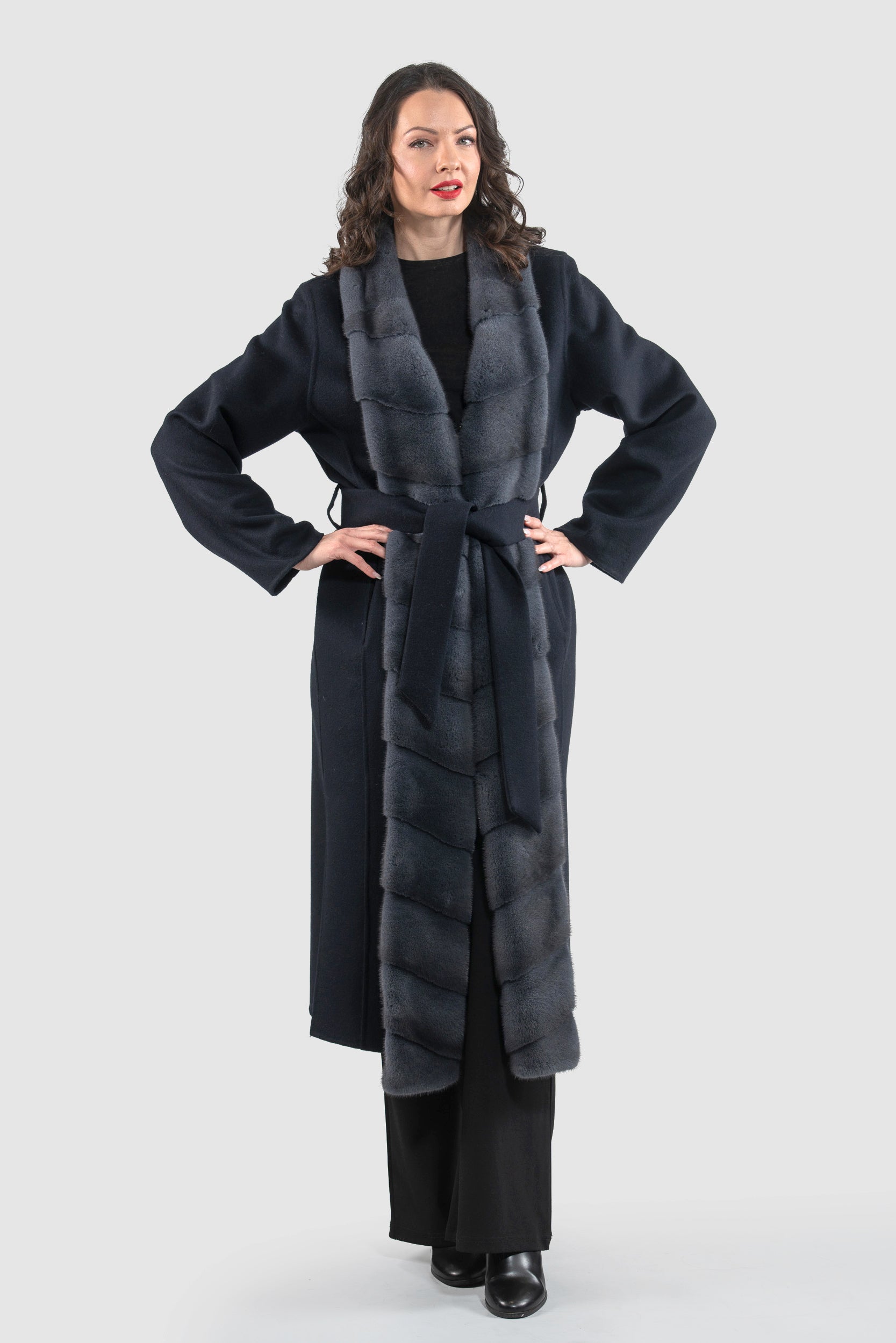 Blue Black Cashmere Coat with Mink Trim