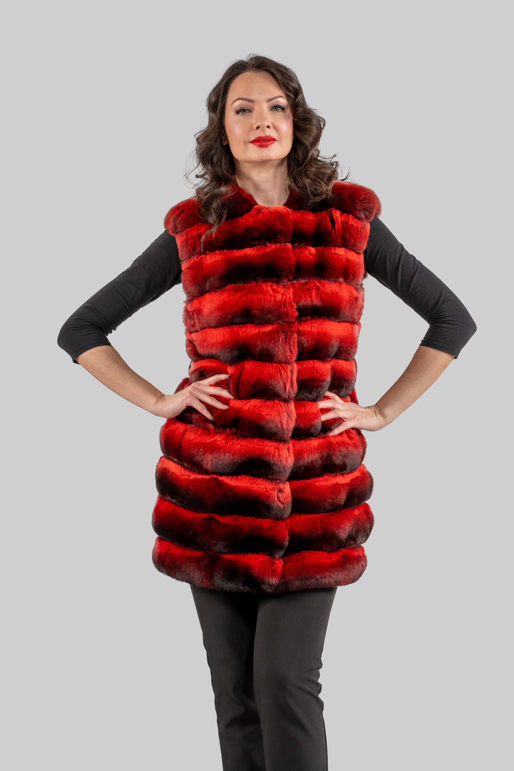 Collarless Crimson Red Chinchilla Vest