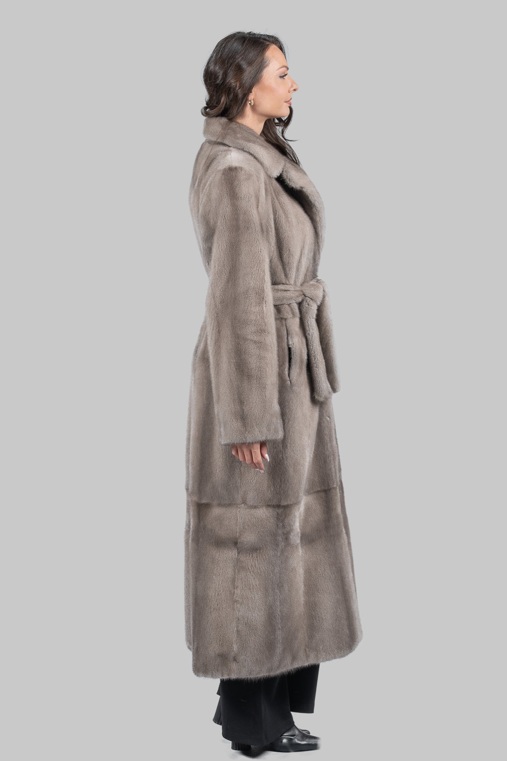 Silver Blue Skin to Skin Belted Mink Long Coat