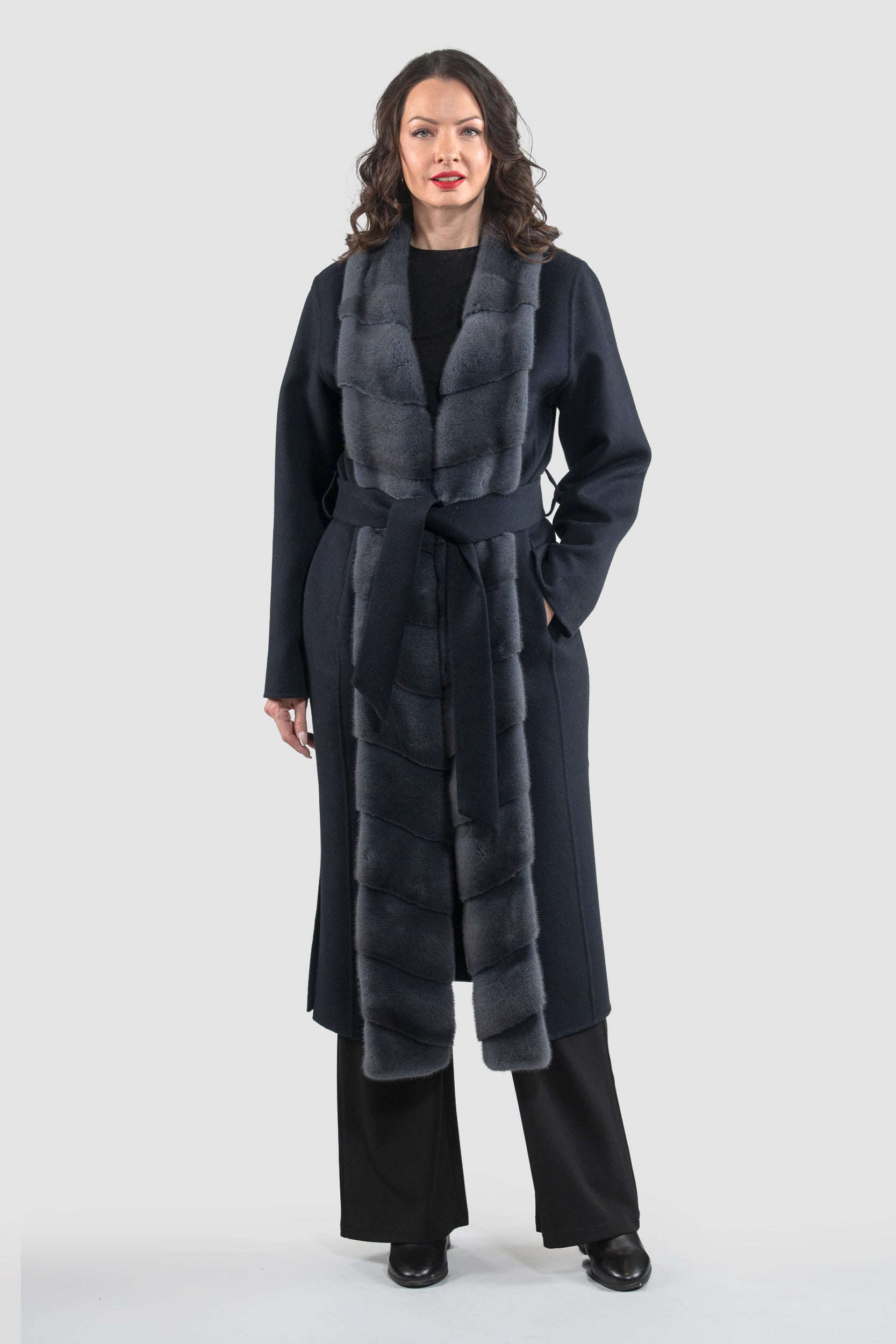 Blue Black Cashmere Coat with Mink Trim