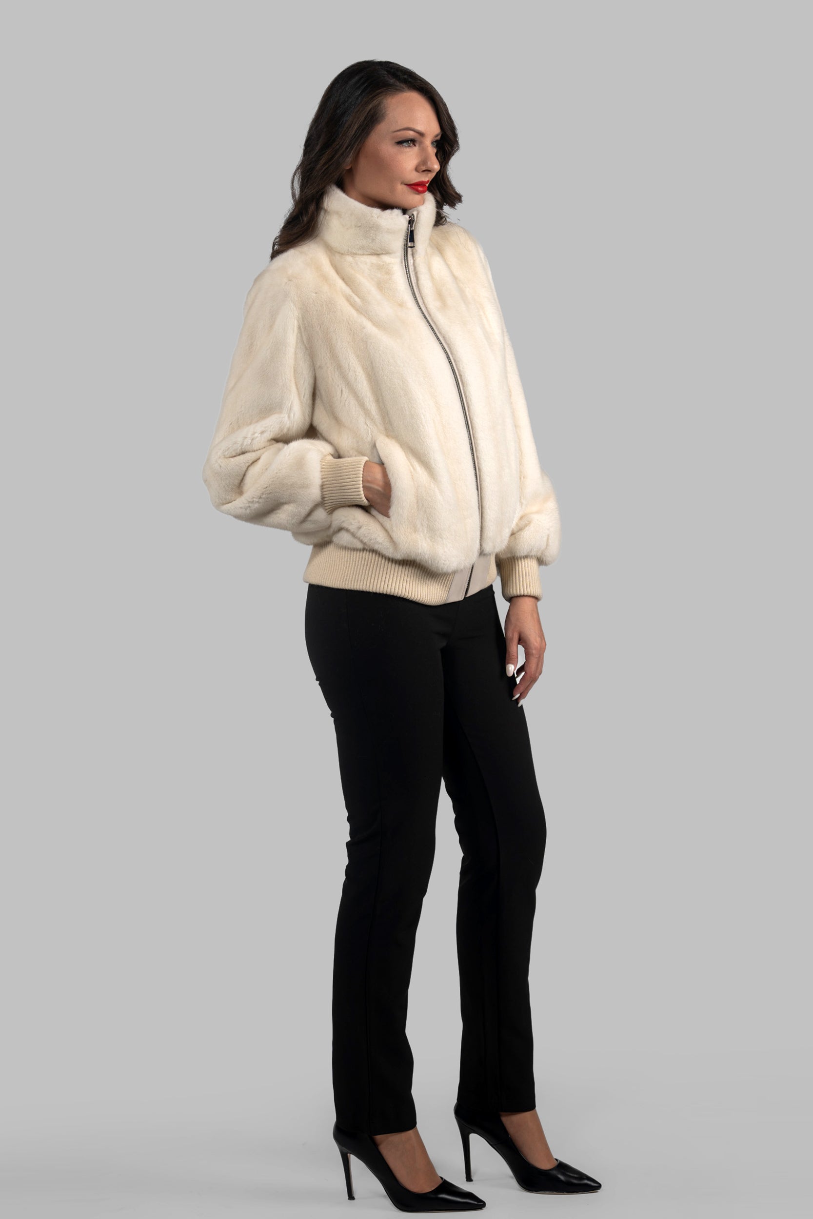 Beige Mink Bomber Jacket with Stand Collar
