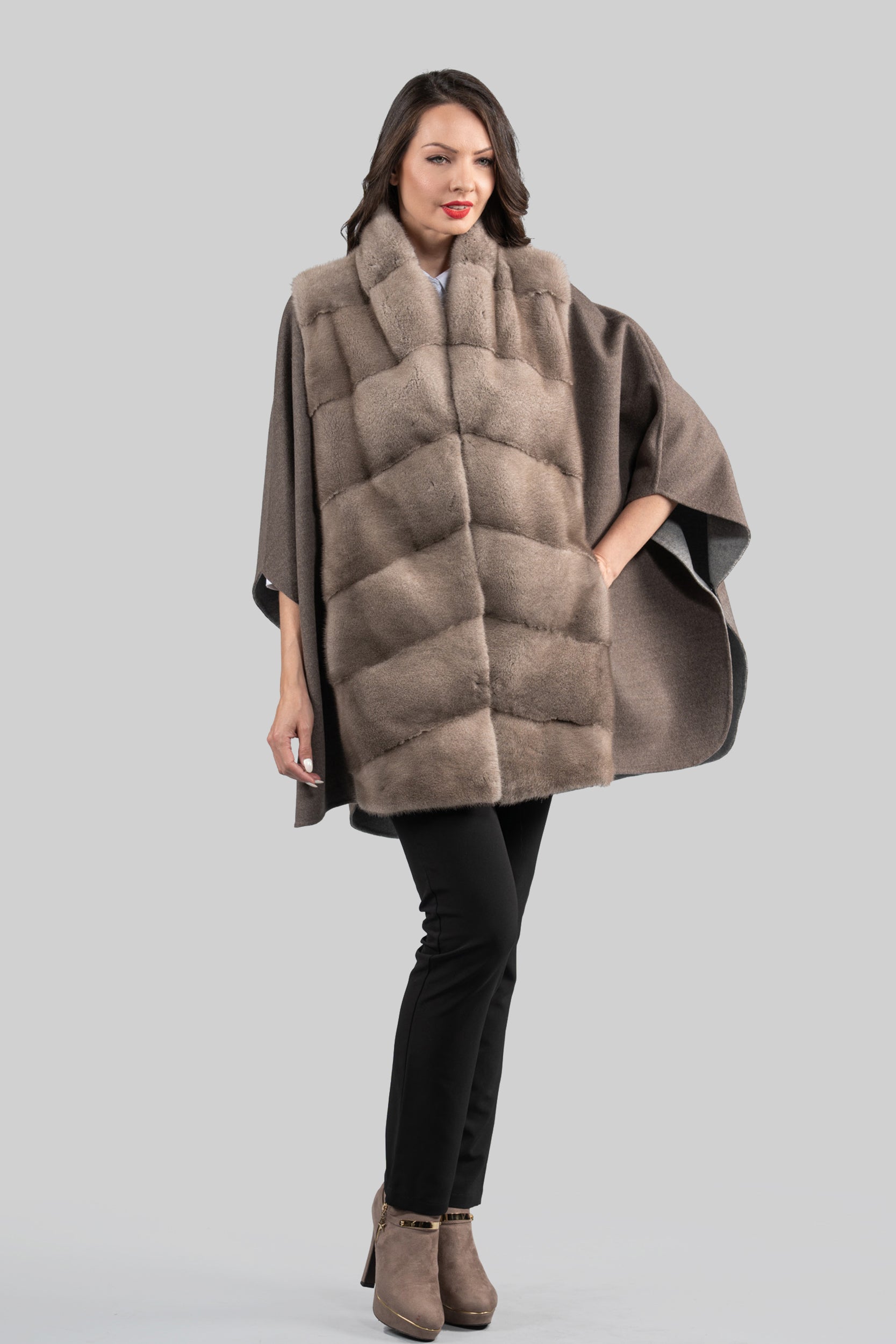 Brown Grey Cashmere Cape with Mink Trim
