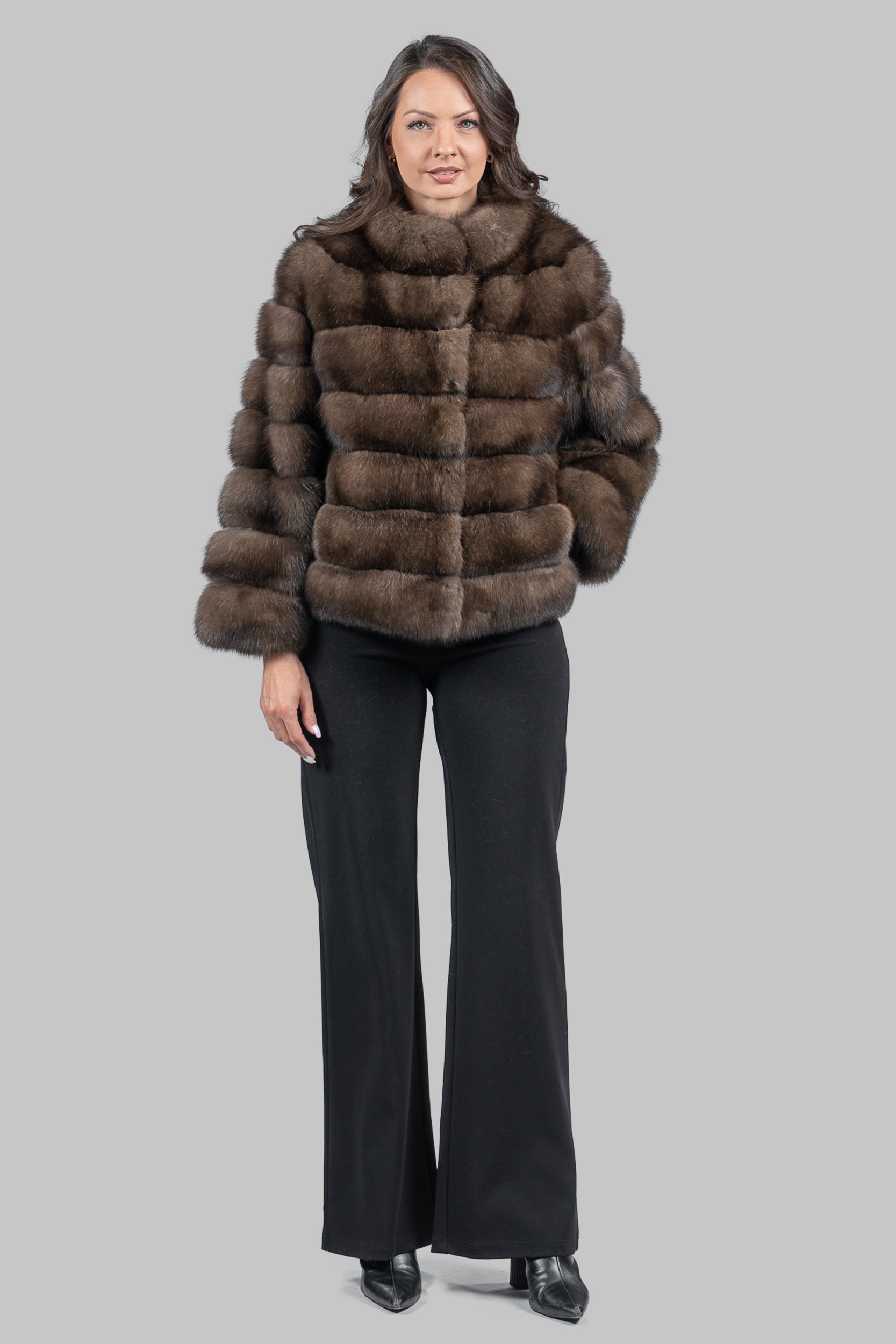 Graphite Russian Sable Cropped Jacket with Stand Collar