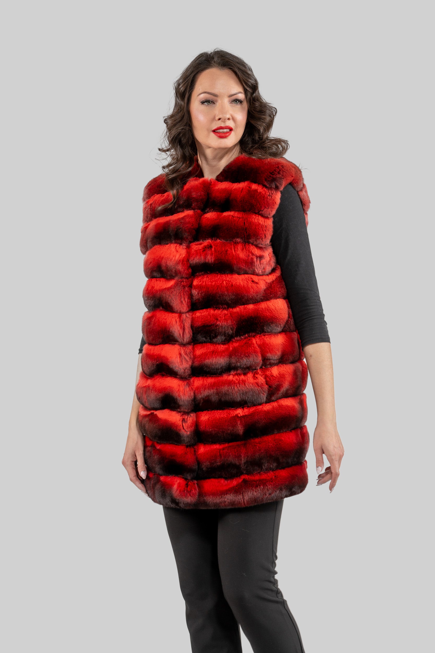 Collarless Crimson Red Chinchilla Vest
