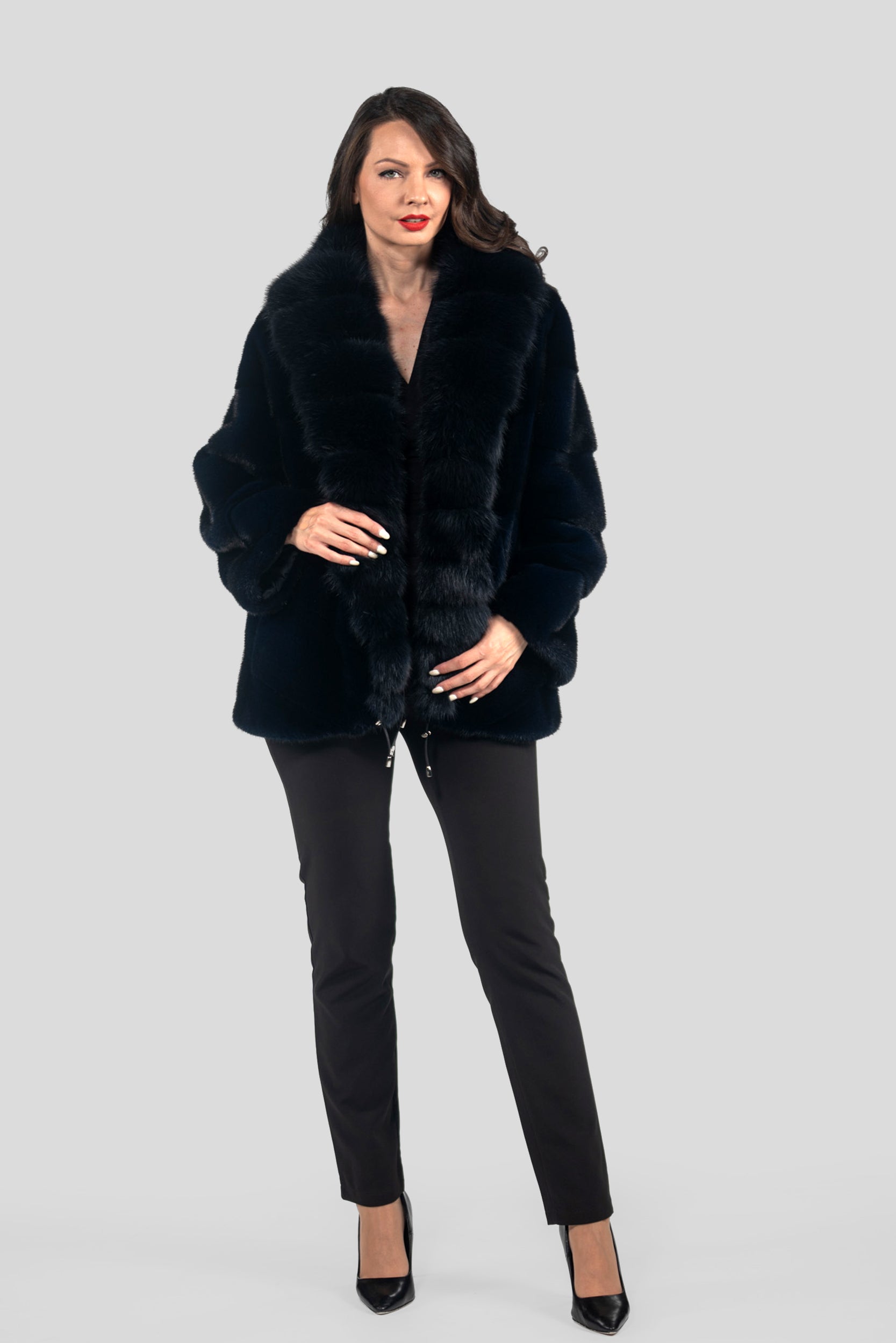 Blue Black Mink Half Coat with Extended Baumarten Shawl Collar