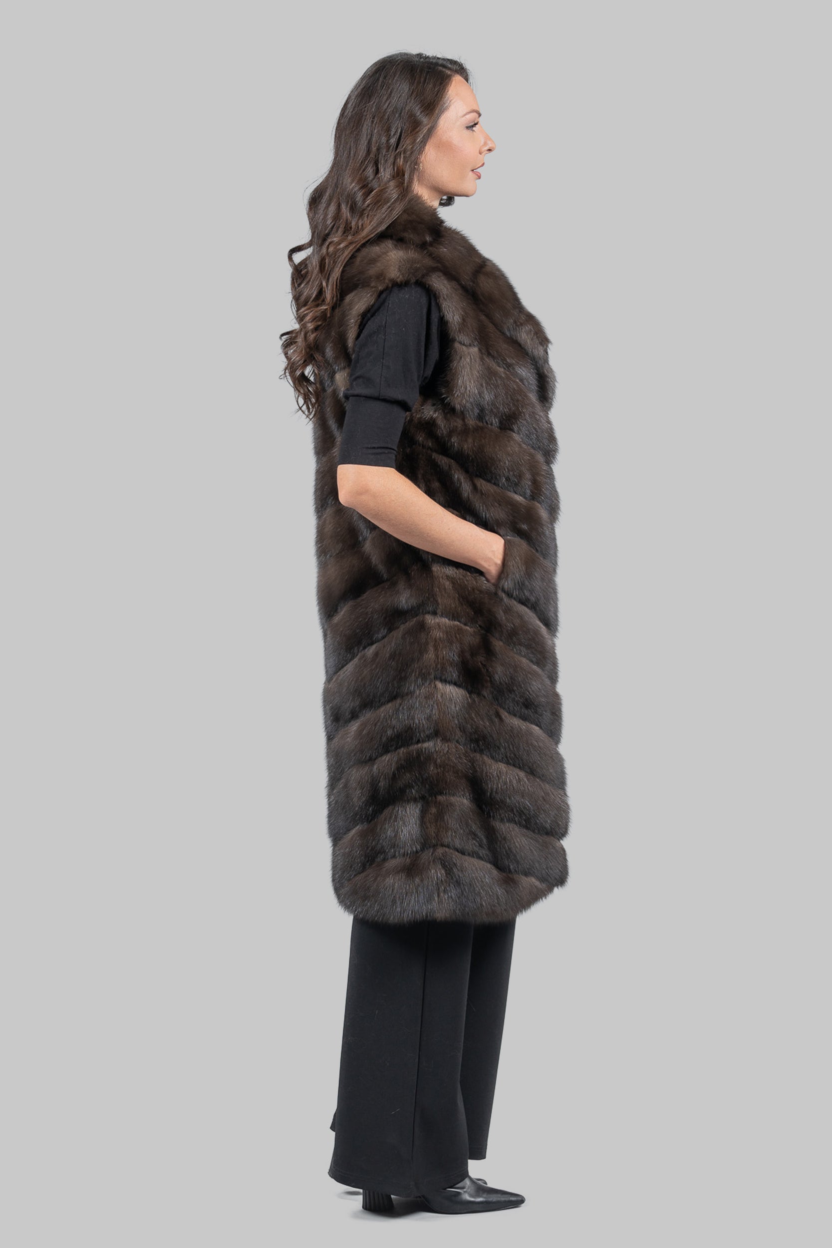 Dark Sable Long Vest with Notch Collar