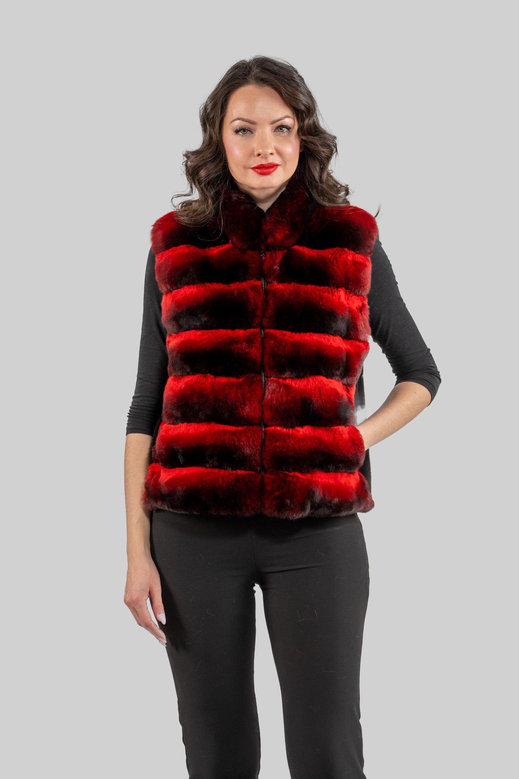 Red Chinchilla Vest with Stand Collar and Mink Trim