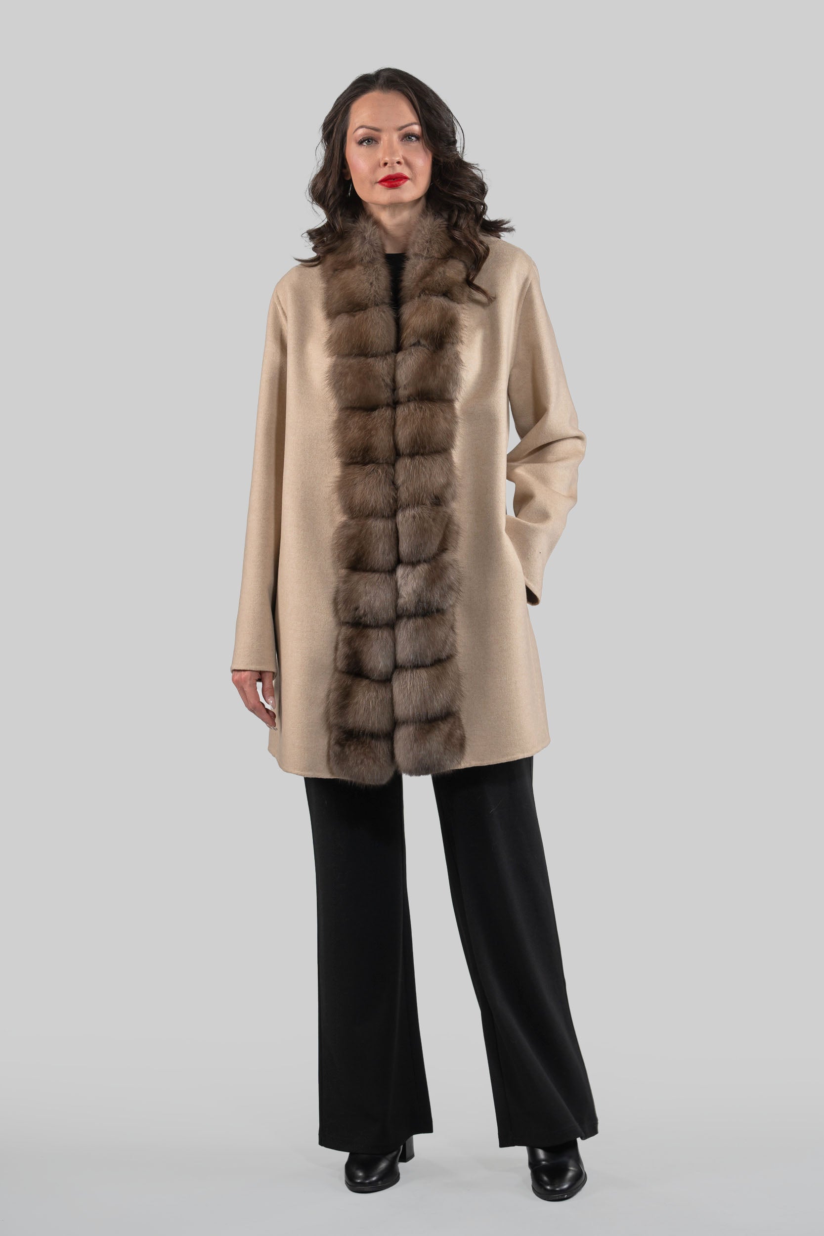 Ecru Cashmere Half Coat with Russian Sable Trim