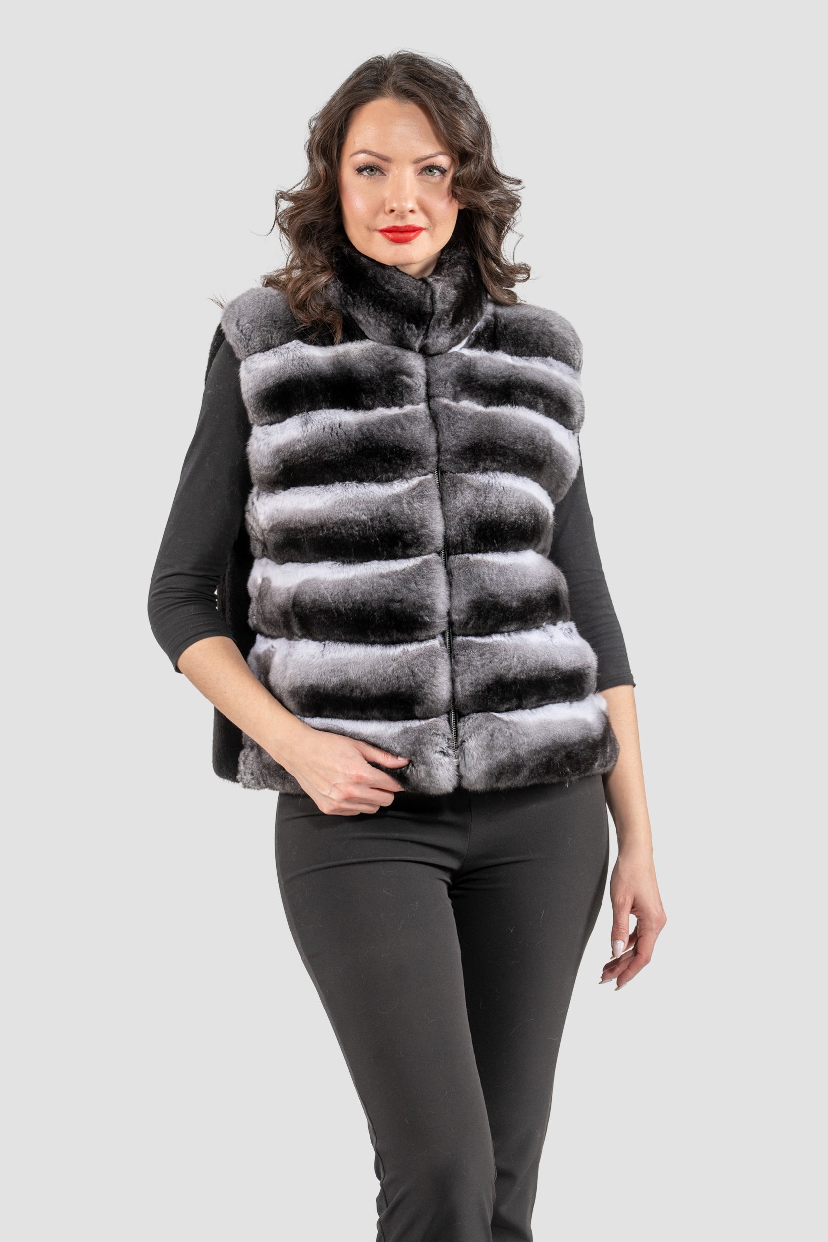 Natural Chinchilla Fur Vest with Stand Collar and Mink Trim