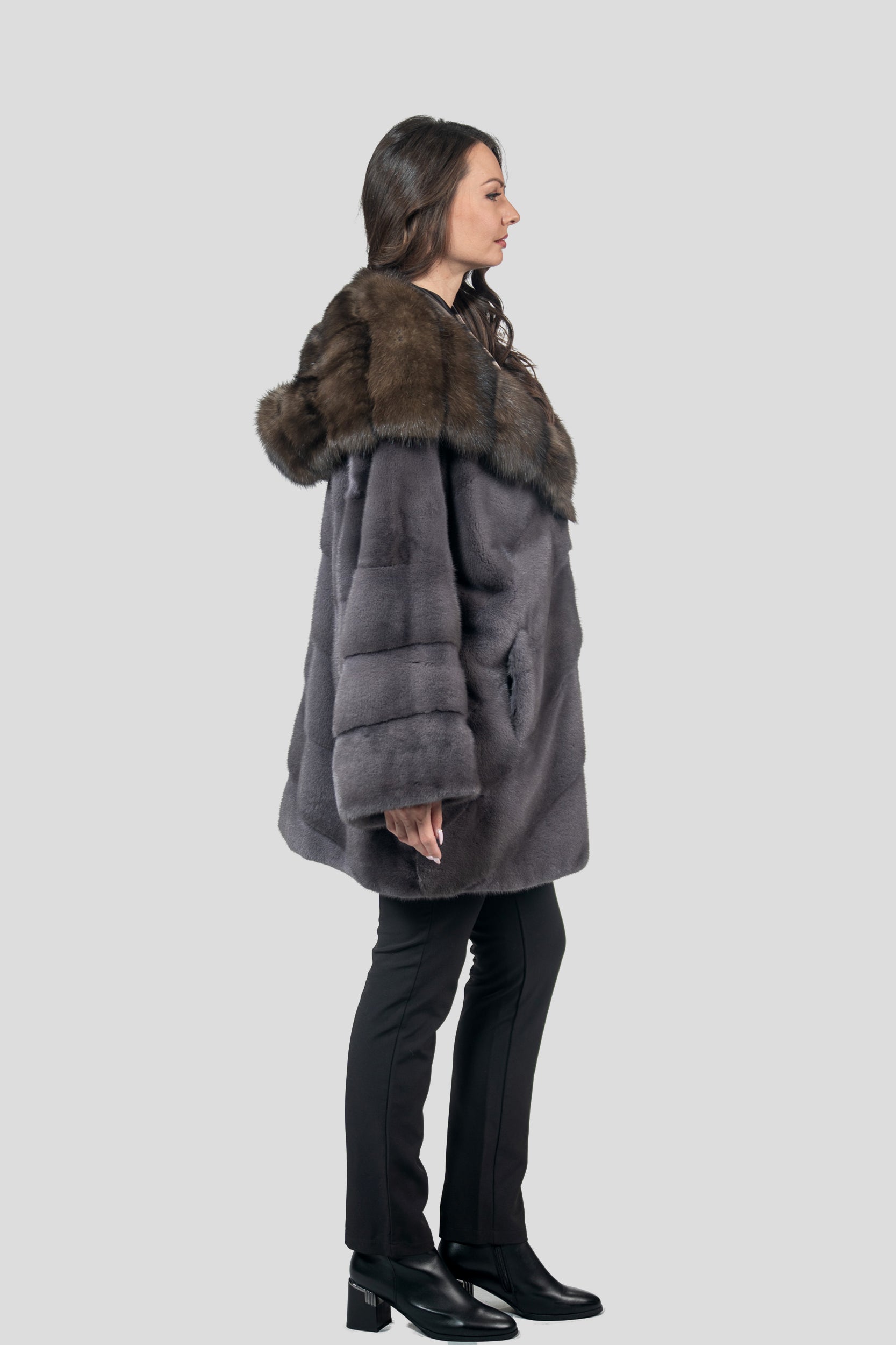 Grey Moon Mink Half Coat with Russian Sable Hood