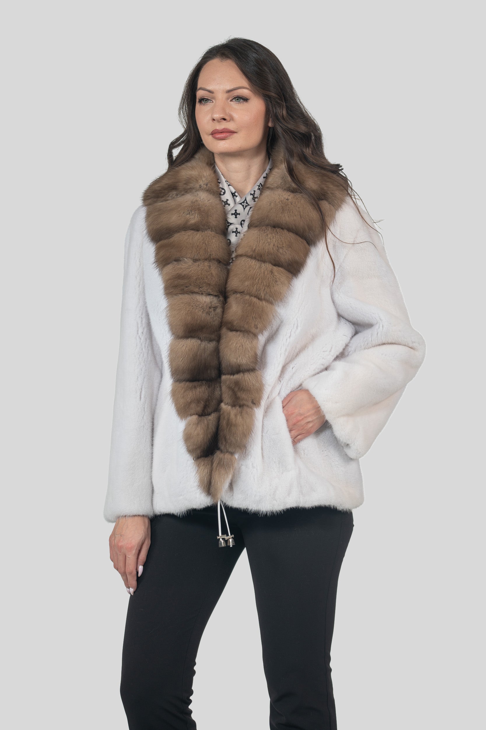 White Mink Jacket with Russian Sable Trim
