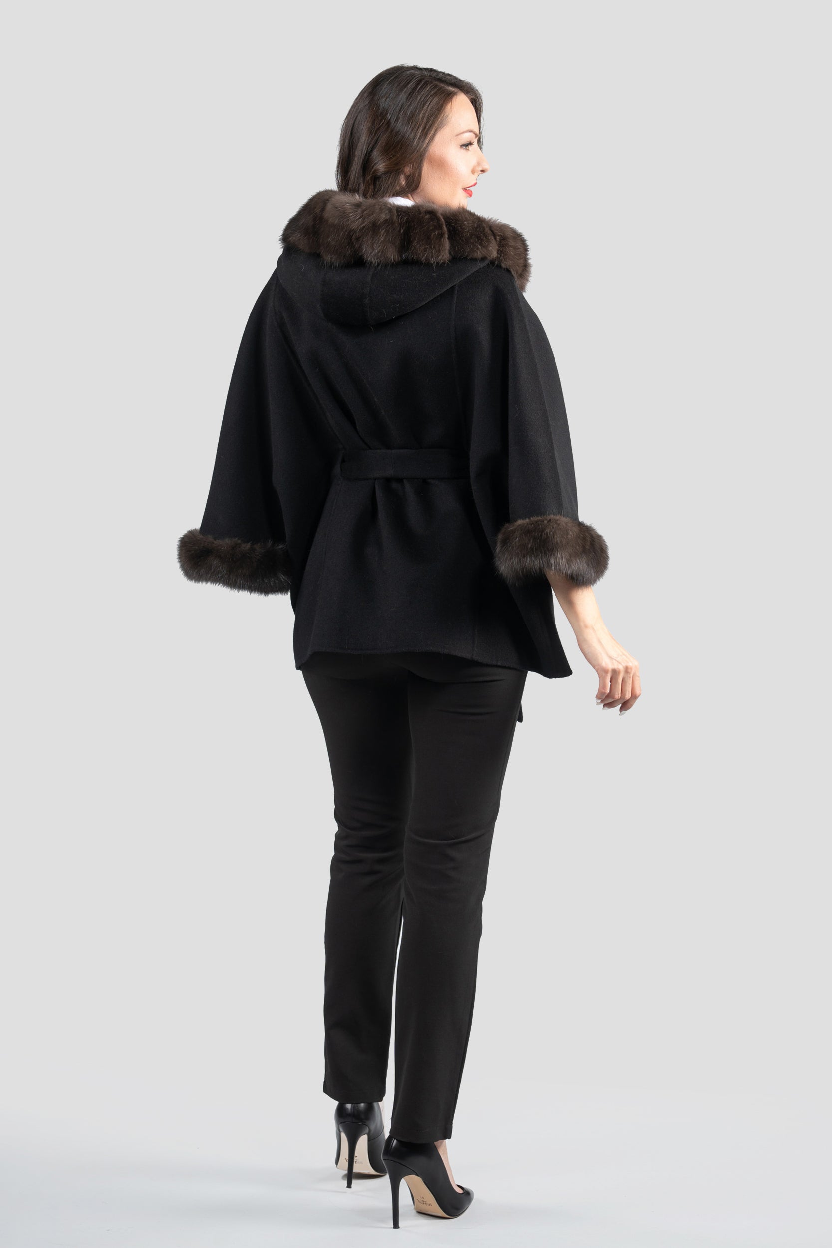 Black Cashmere Hooded Cape with Russian Sable Trim