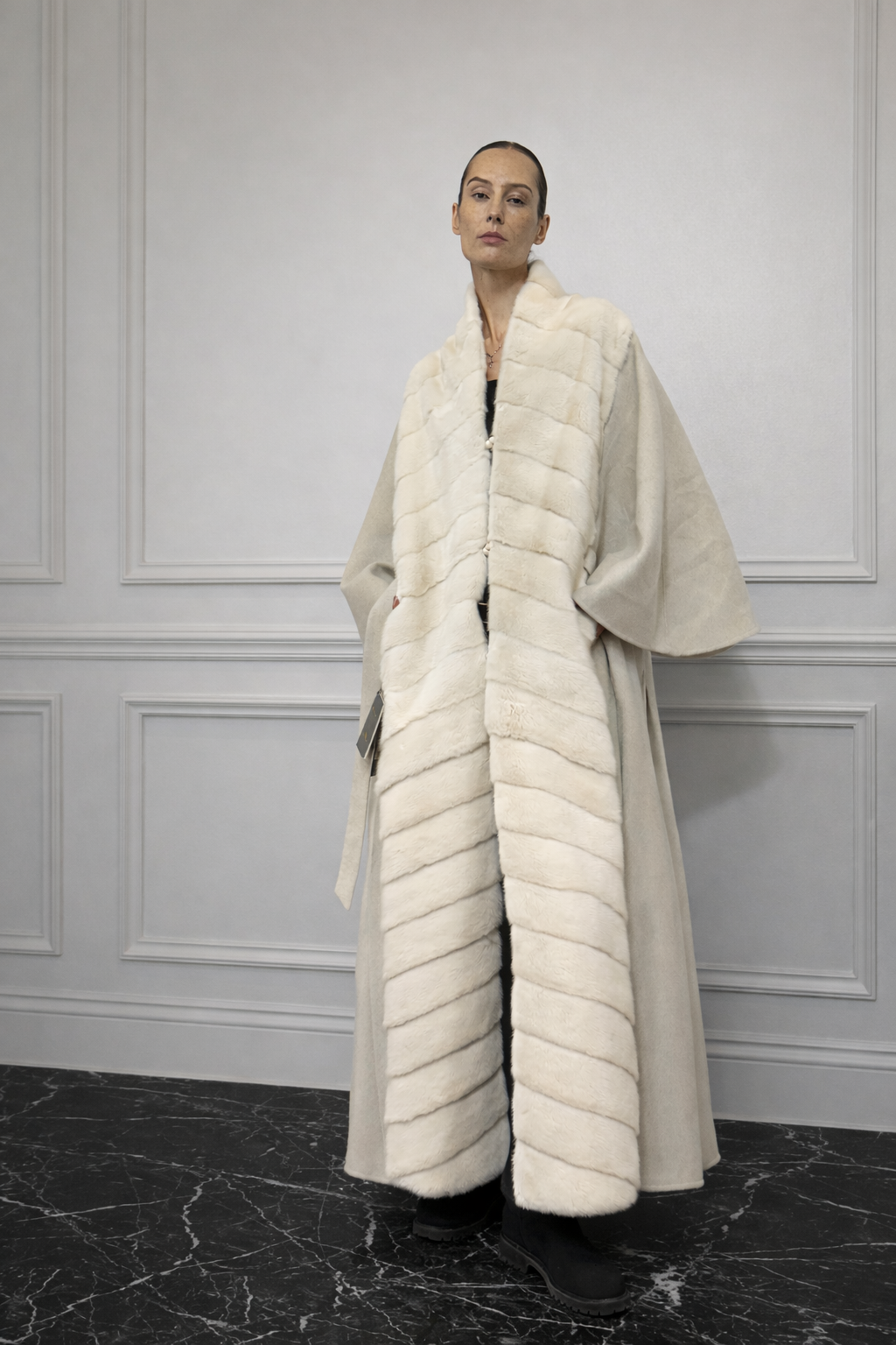 Ecru-White Cashmere Long Coat With Full White Mink Trim Front