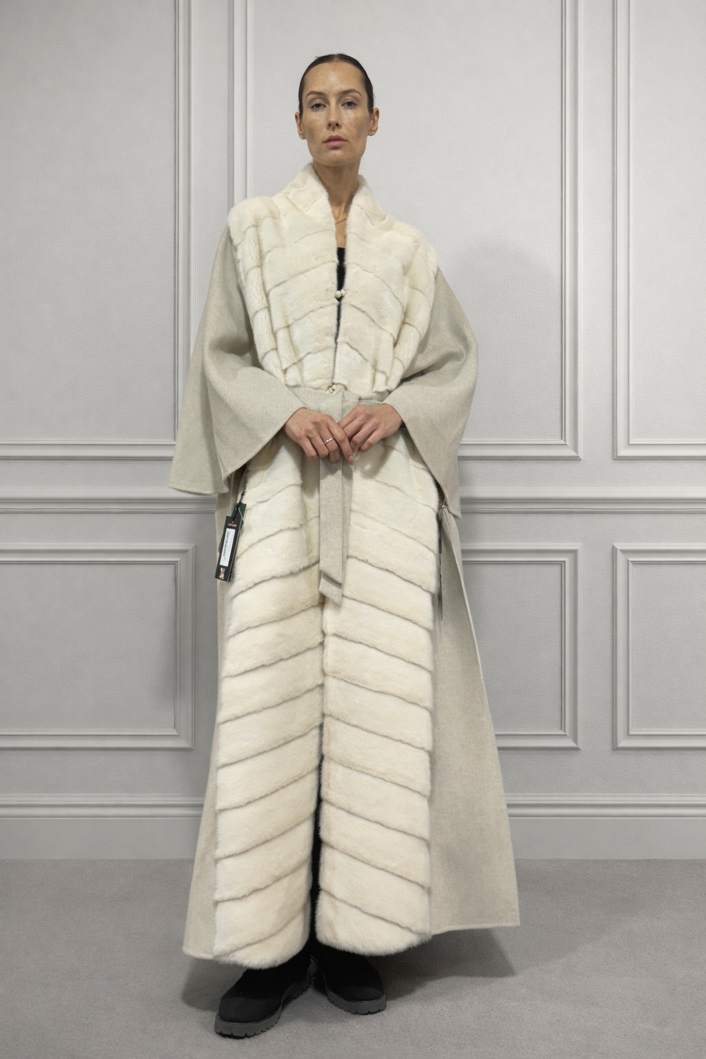 Ecru-White Cashmere Long Coat With Full White Mink Trim Front