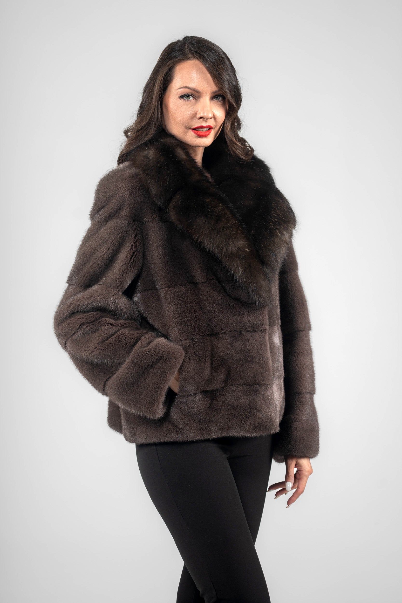 Wood Mink Jacket with Russian Sable Notch Collar