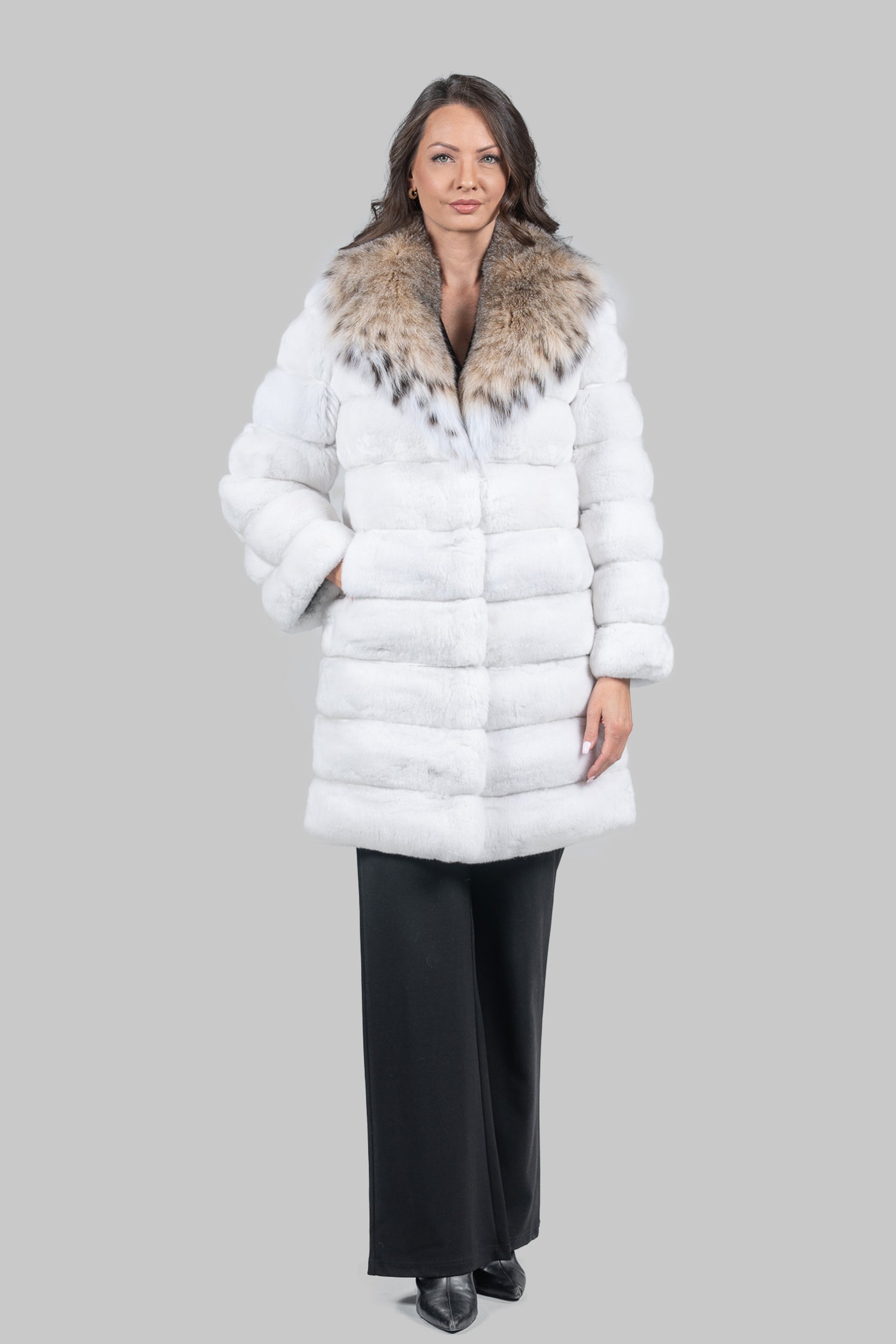 Pure White Chinchilla Half Coat with Bobcat Fur Collar