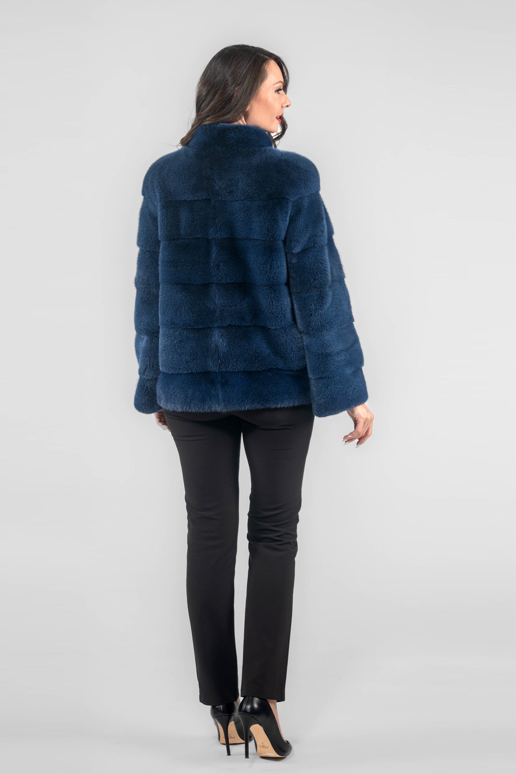 Blue Black Mink Jacket with Stand Collar
