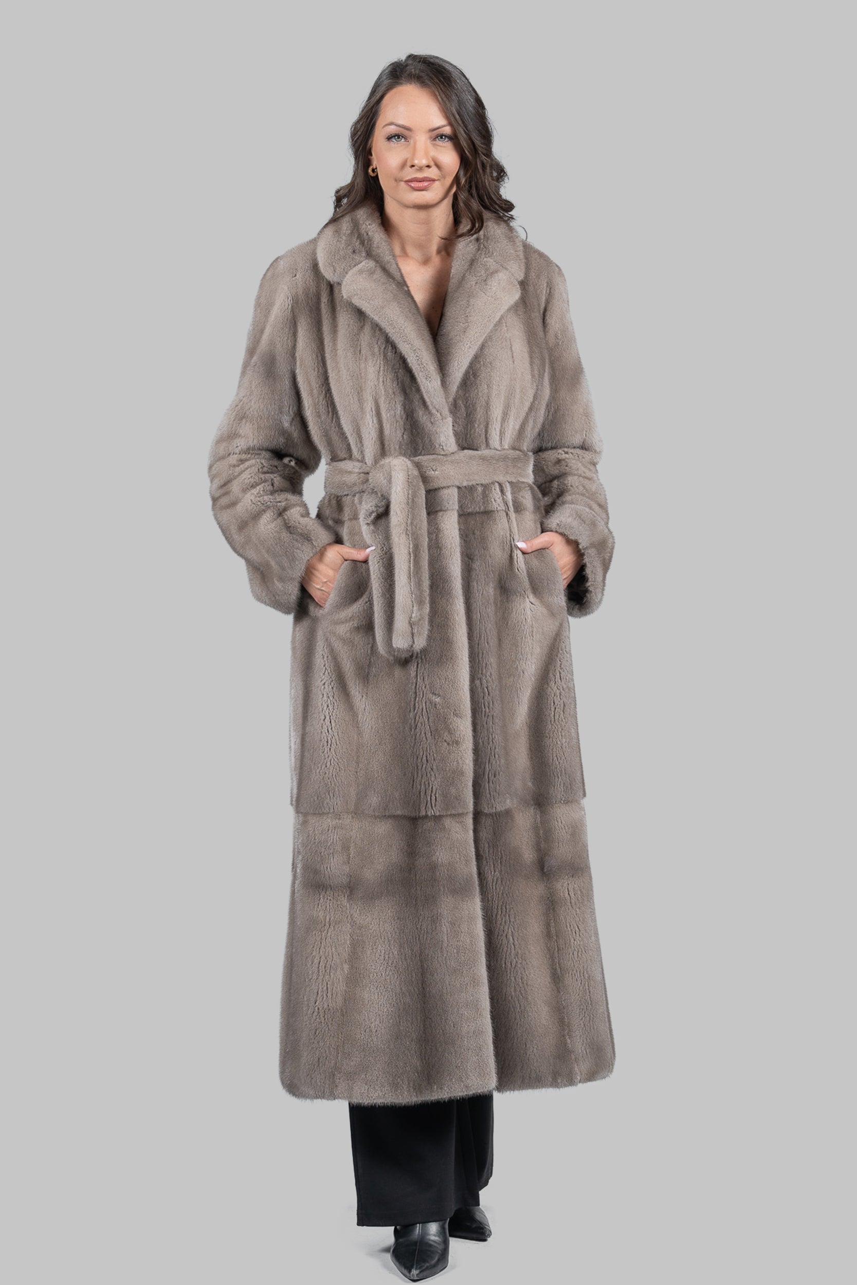 Silver Blue Skin to Skin Belted Mink Long Coat