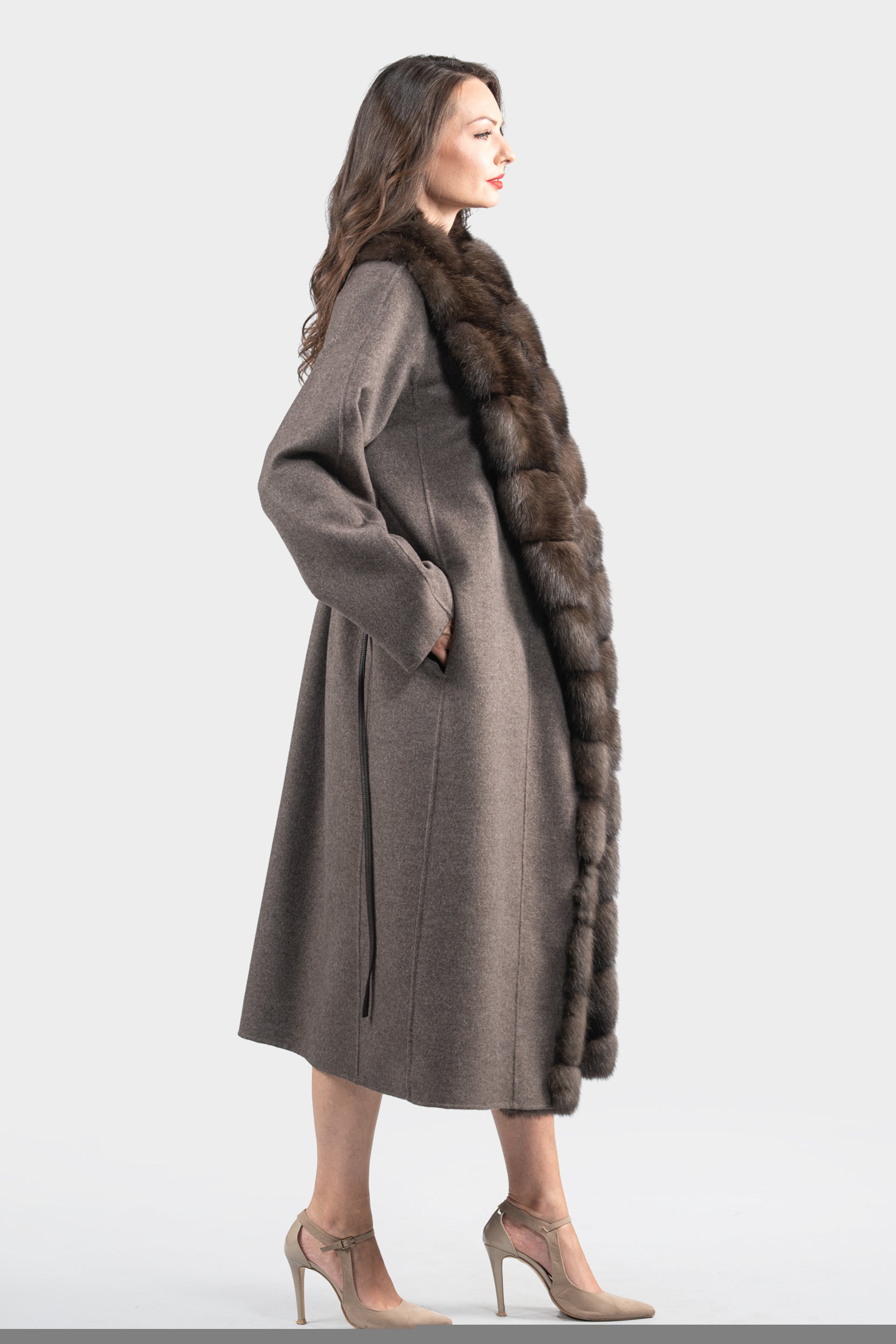 Brown Grey Cashmere Coat with Russian Sable Trim
