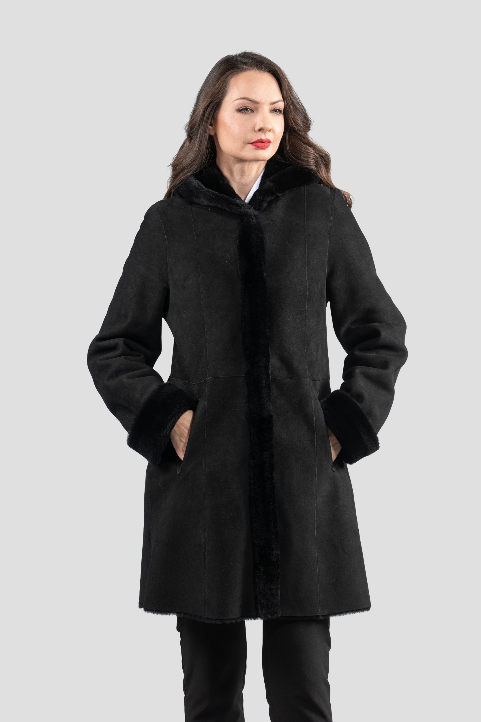 Hooded Black Half Coat In Spanish Merino