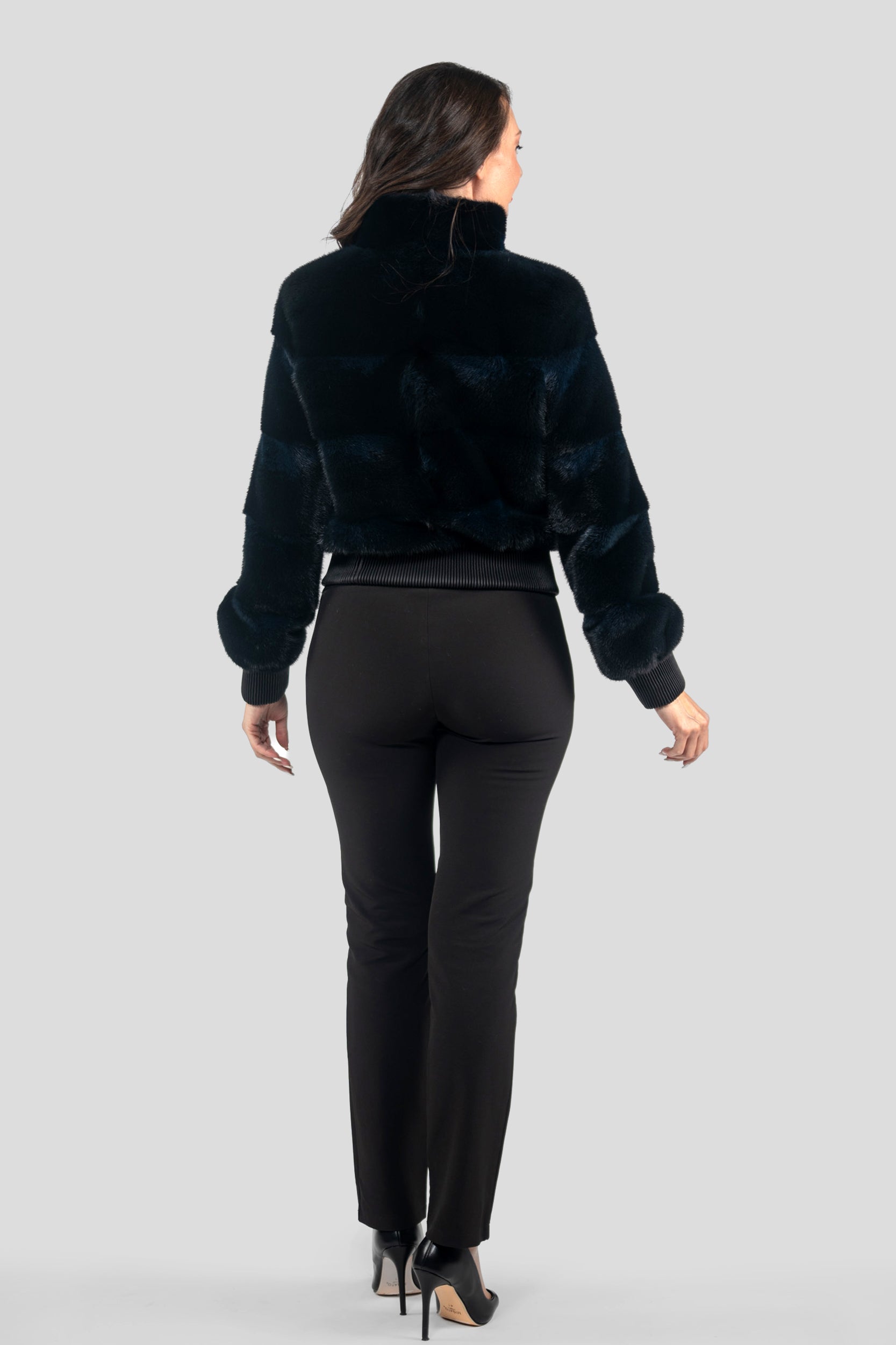 Blue Black Mink Bomber Jacket with Stand Collar