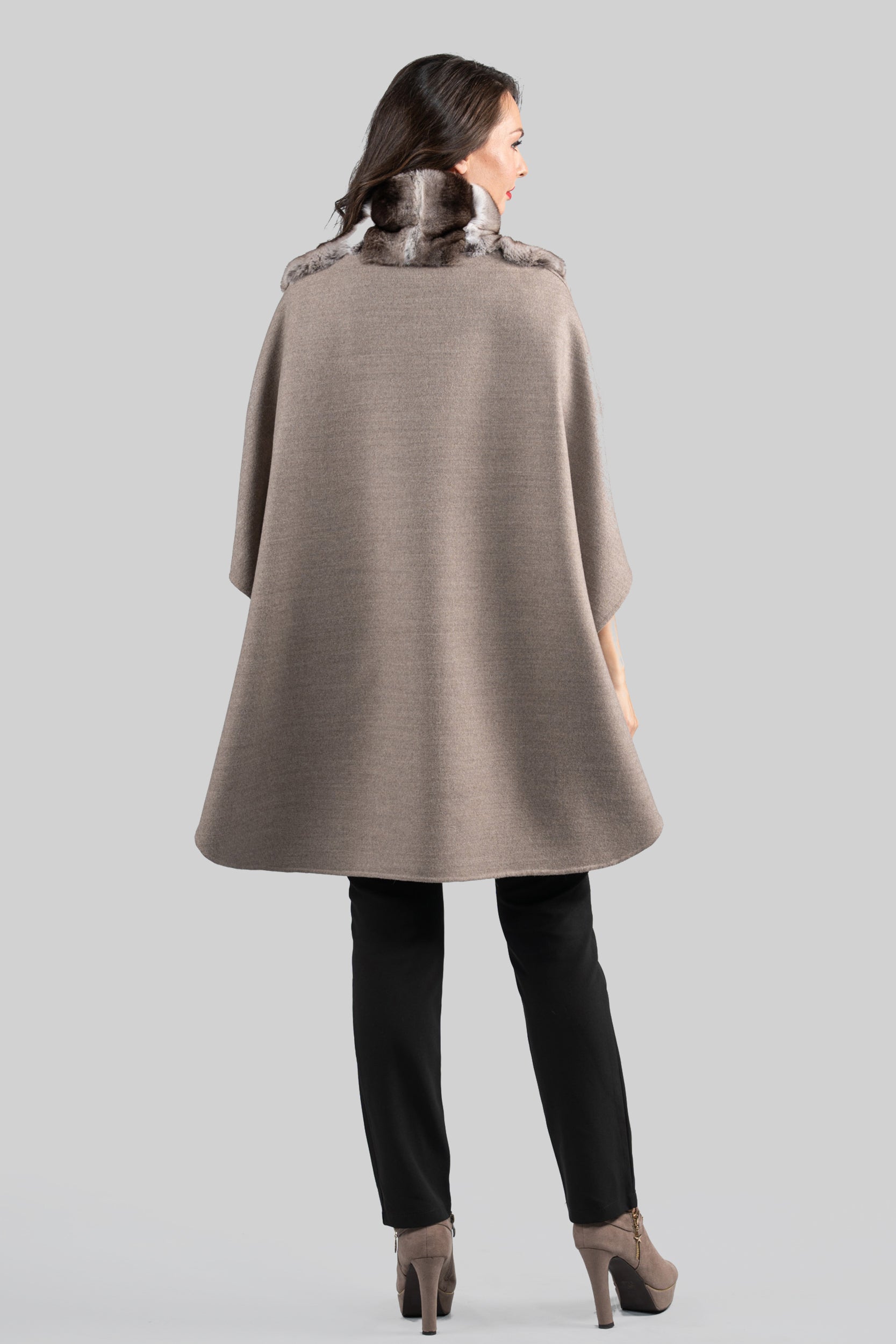 Grey Brown Cashmere Cape with Chinchilla Trim