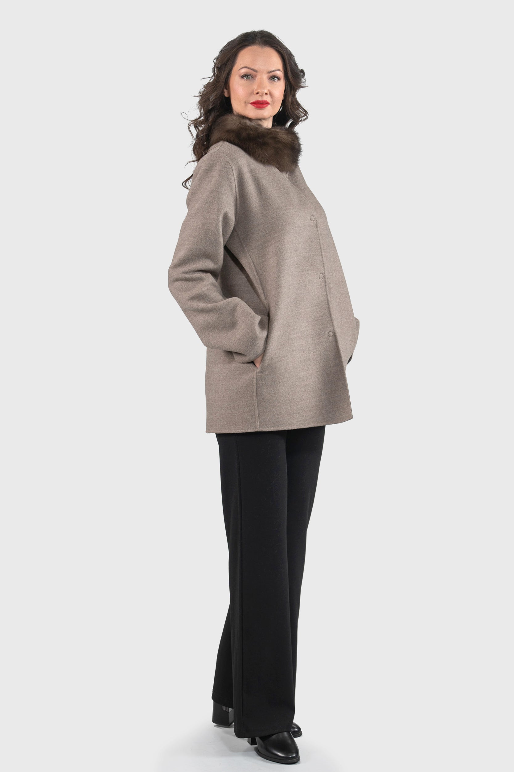 Grey Brown Cashmere Jacket with Russian Sable Stand Collar