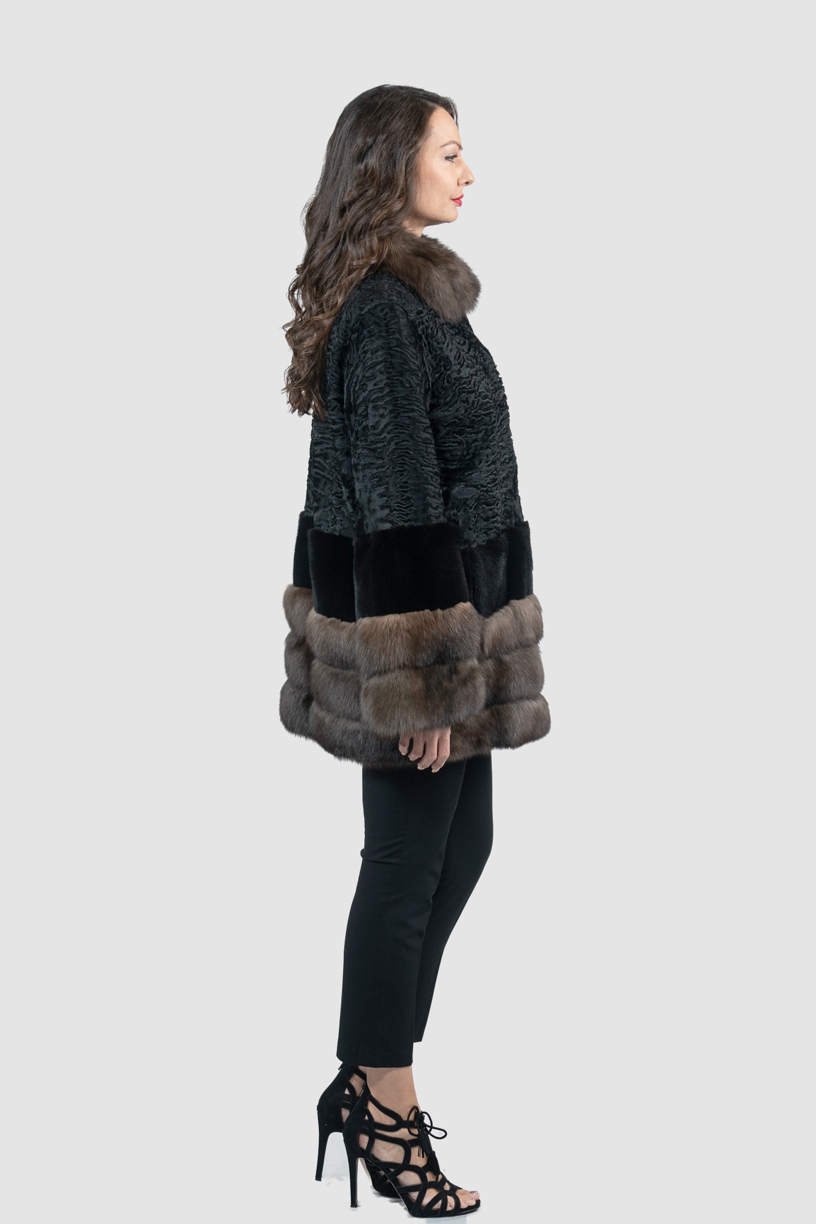 Black Swakara Half Coat with Mink and Russian Sable Trim