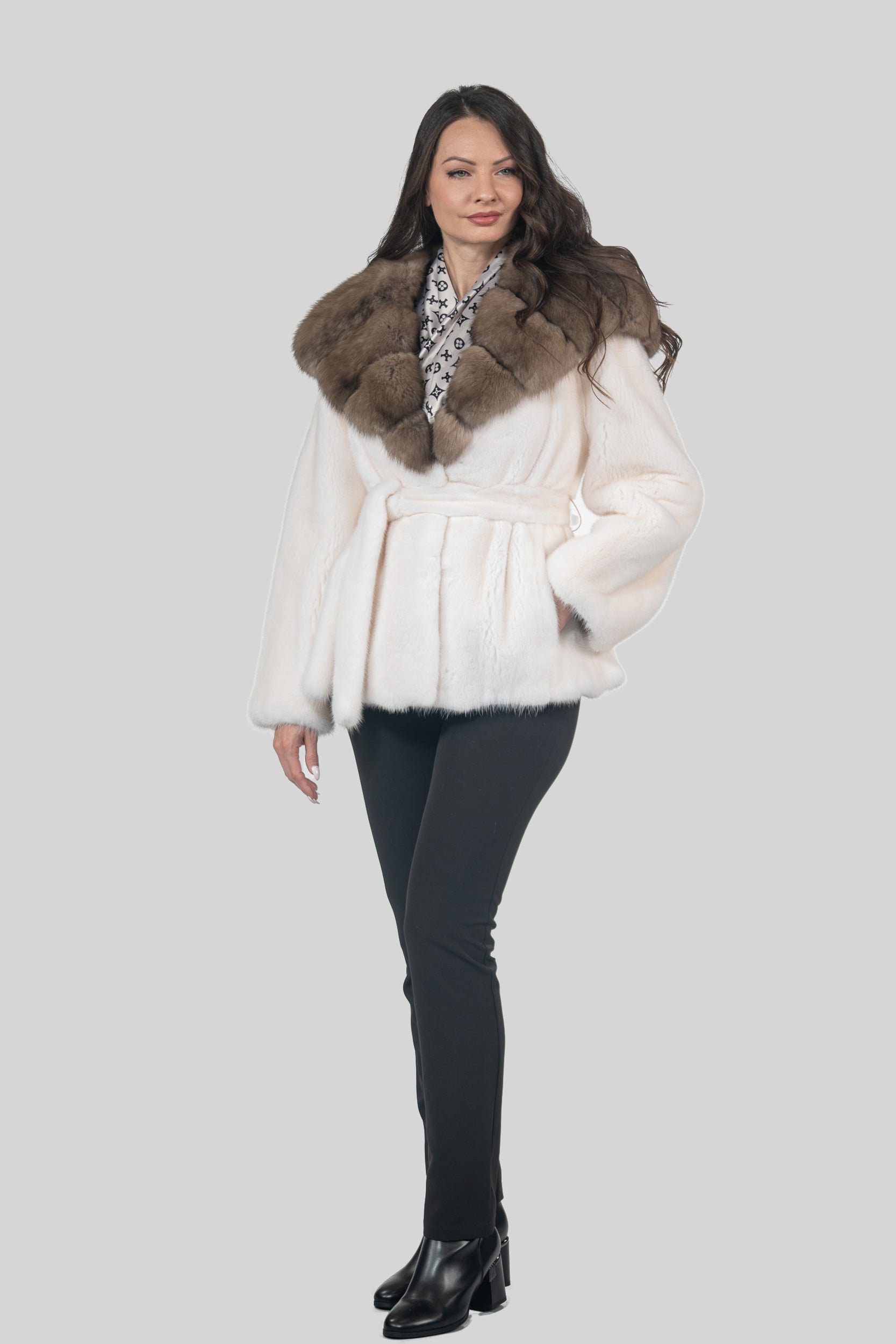 Pearl Mink Half Coat With Russian Sable Hood