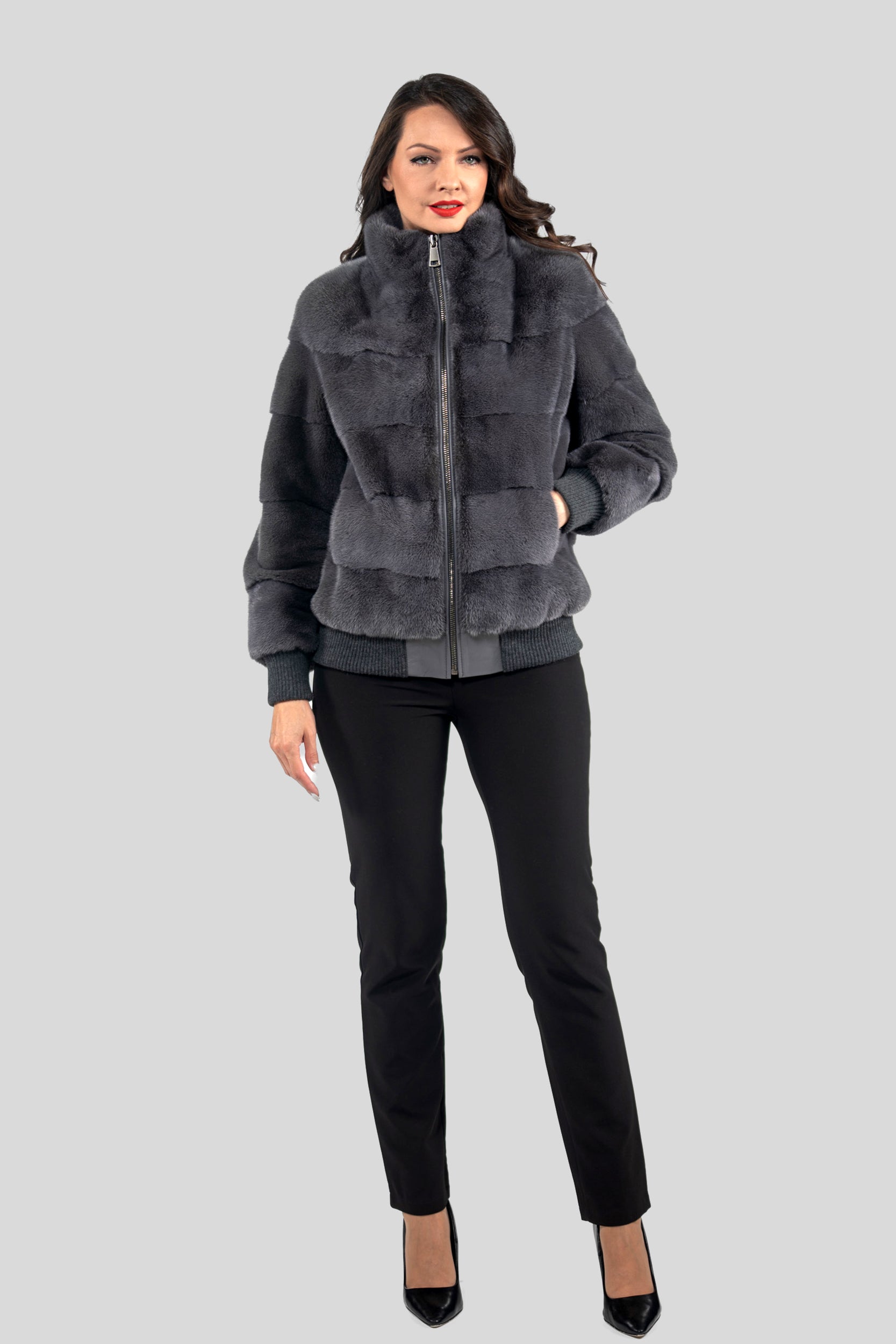Grey Moon Mink Bomber Jacket with Stand Collar