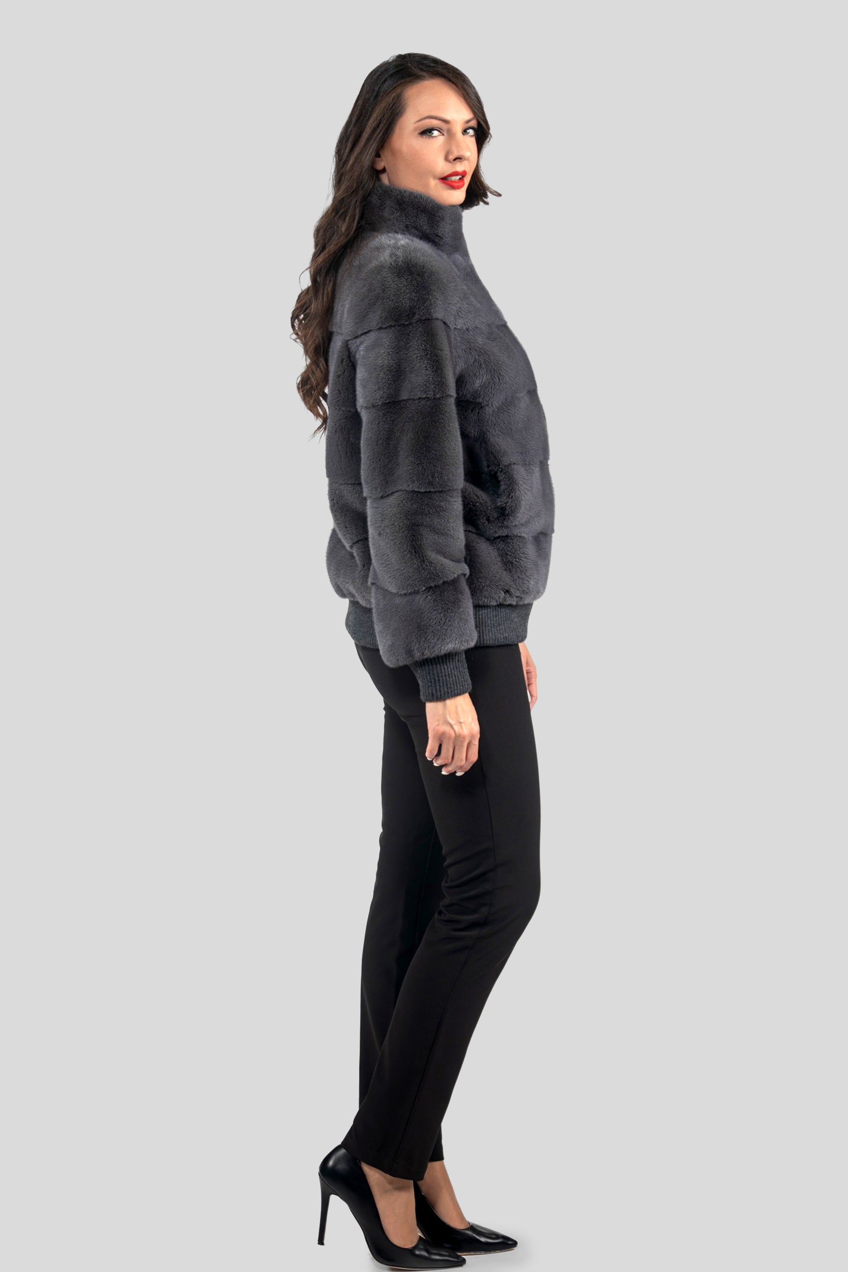 Grey Moon Mink Bomber Jacket with Stand Collar