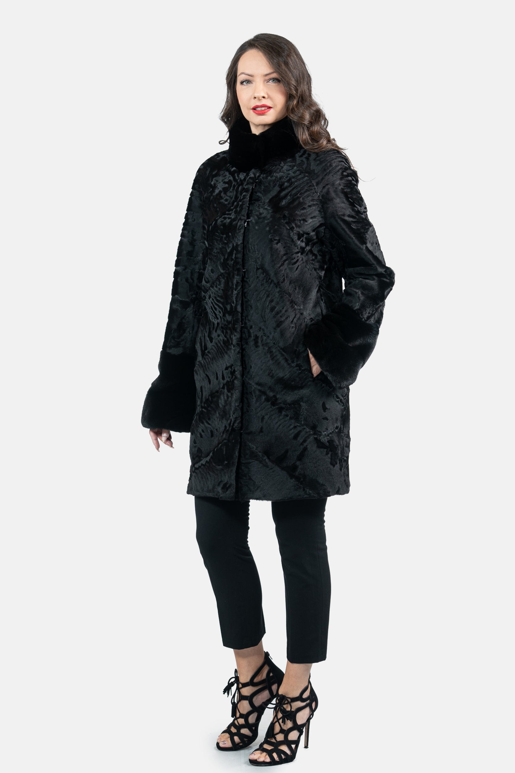 Black Swakara Half Coat With Mink Trim