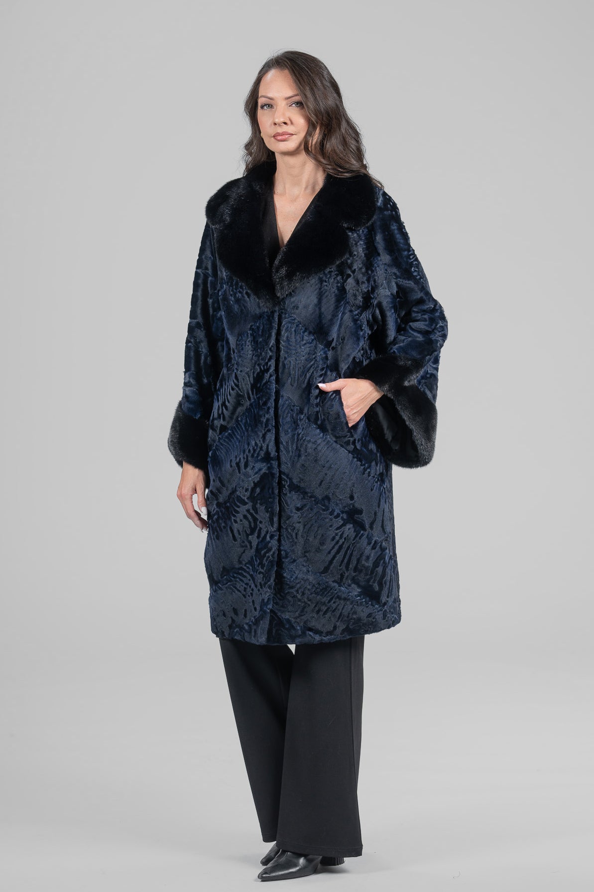 Blue-Black Swakara Half-Coat Mink Trim with Notch Collar