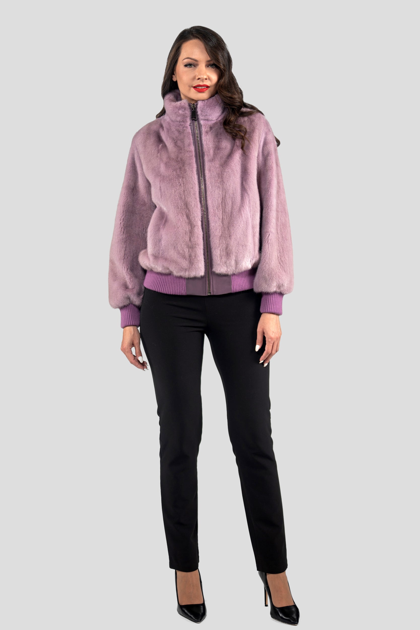Dark Violet Mink Bomber Jacket with Stand Collar