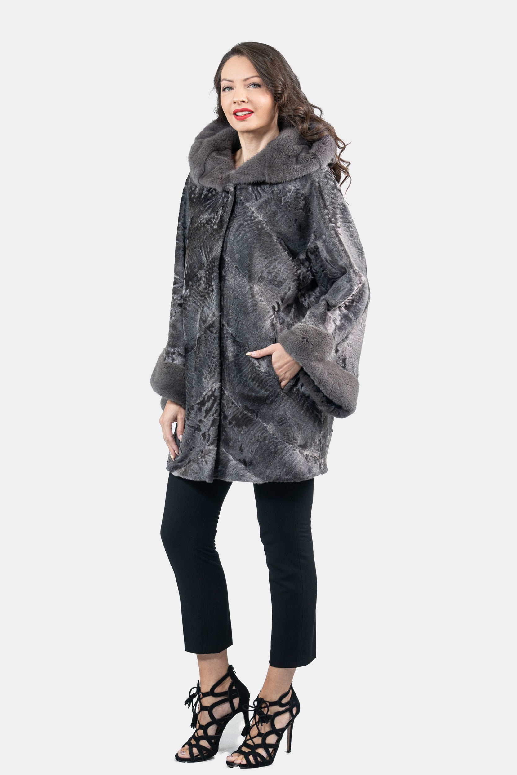 Grey Moon Swakara Half Coat with Mink Trim