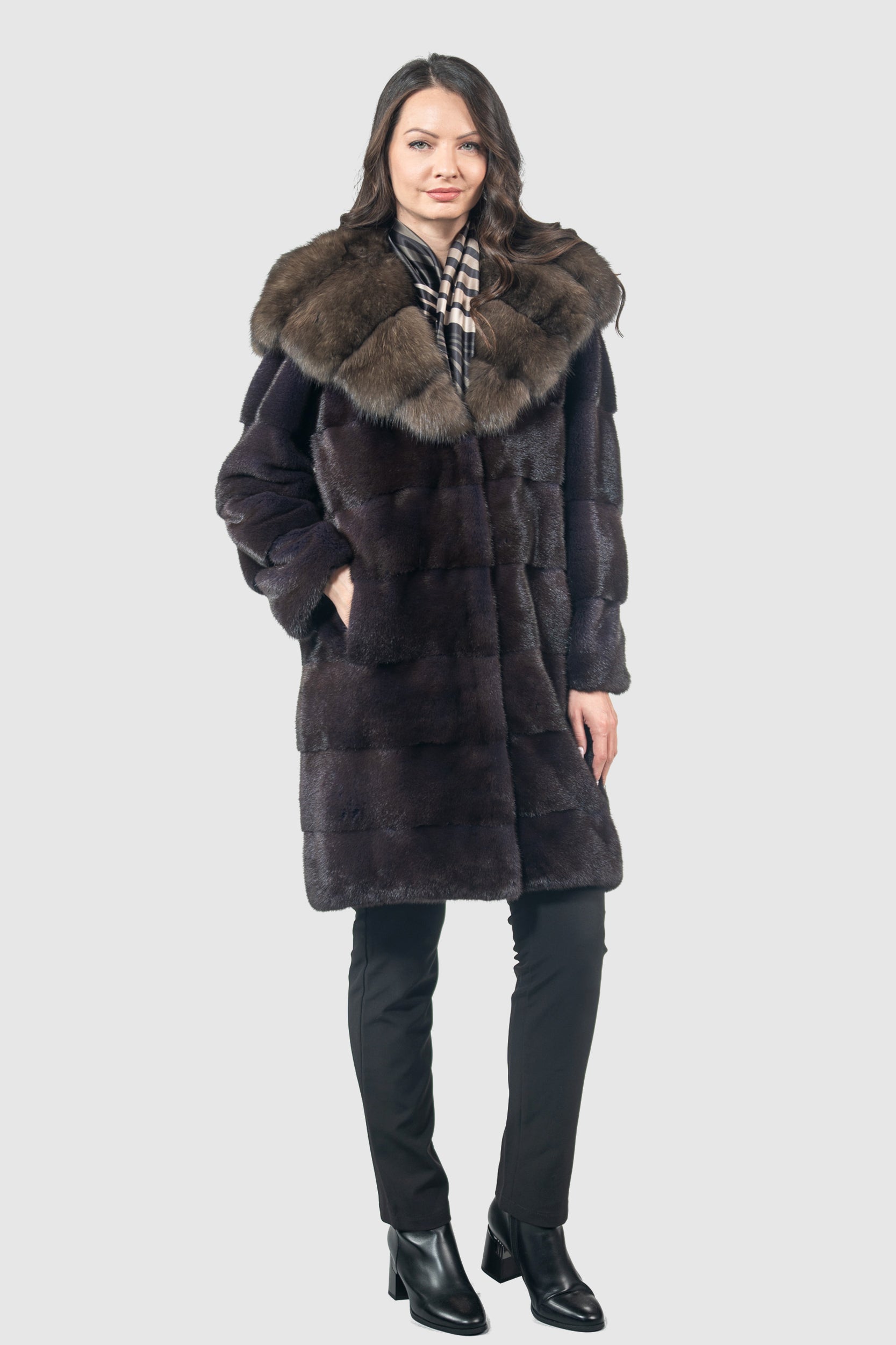 Aubergine Mink Half Coat with Russian Sable Hood
