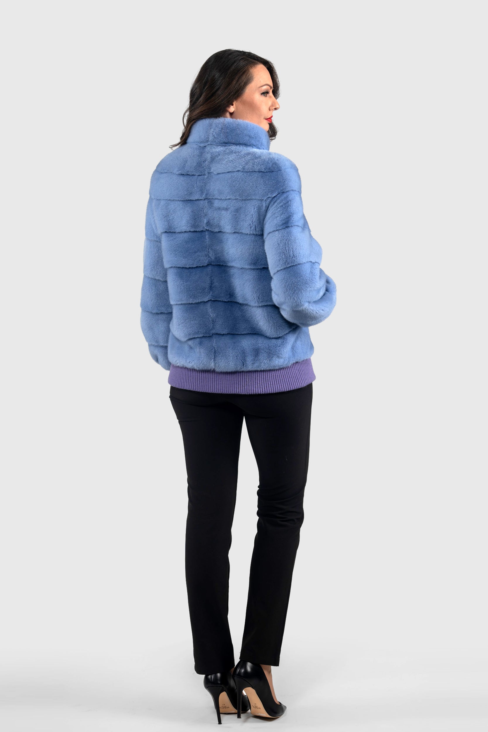 Aqua Marine Mink Bomber Jacket with Stand Collar