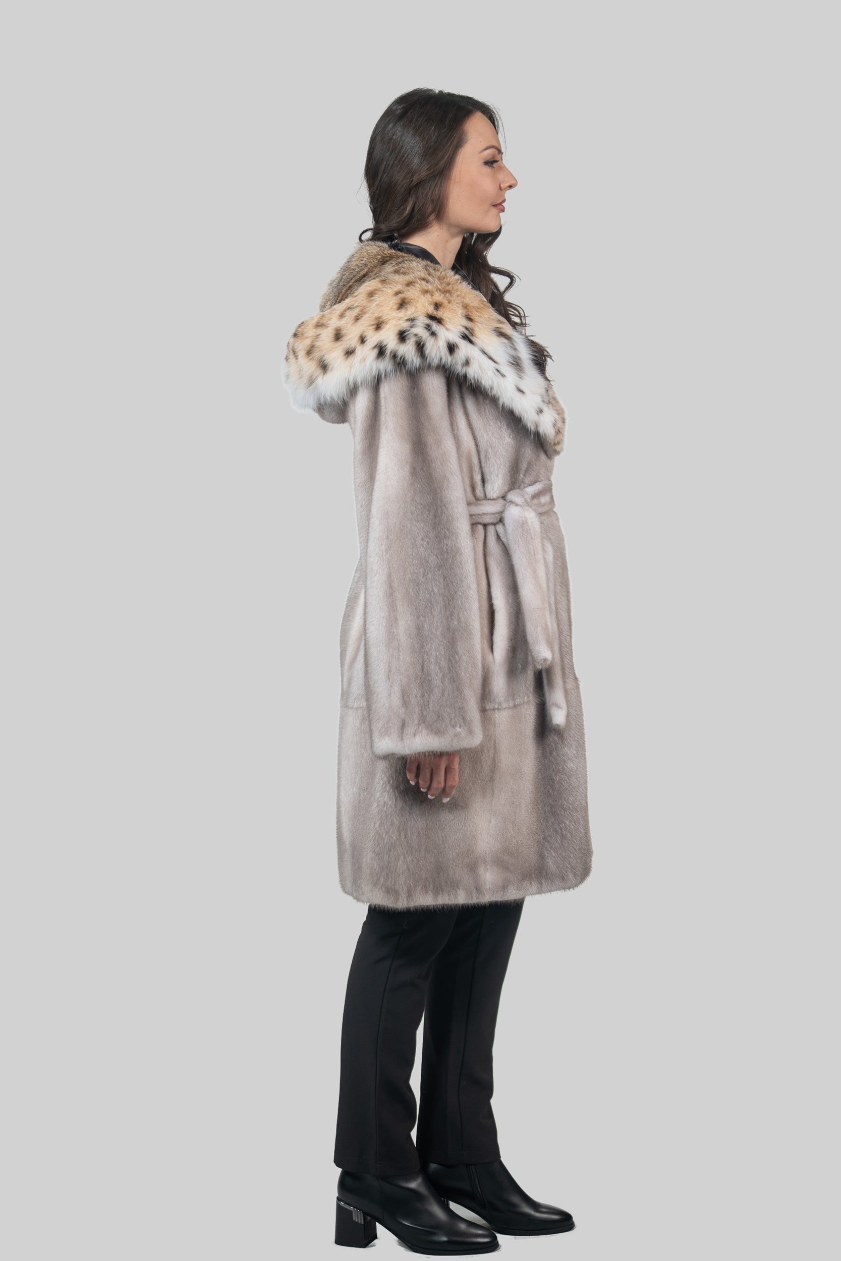 Silver Blue Mink Coat with Bobcat Hood