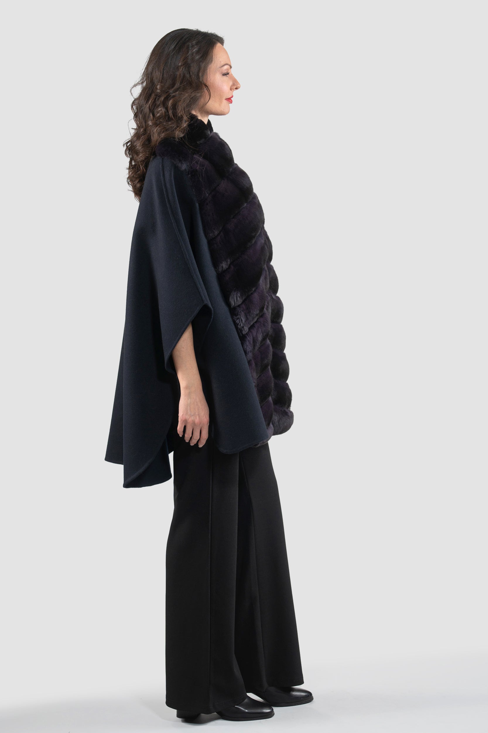 Black Cashmere Cape with Aubergine Chinchilla Trim