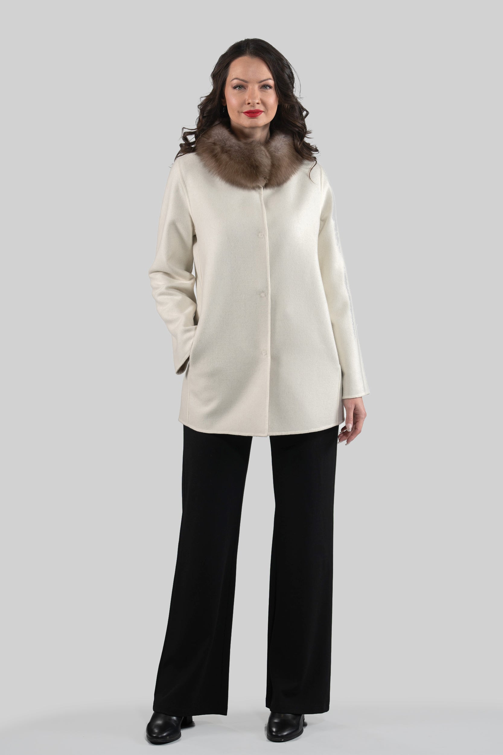 White Cashmere Jacket with Russian Sable Trimmed Stand Collar
