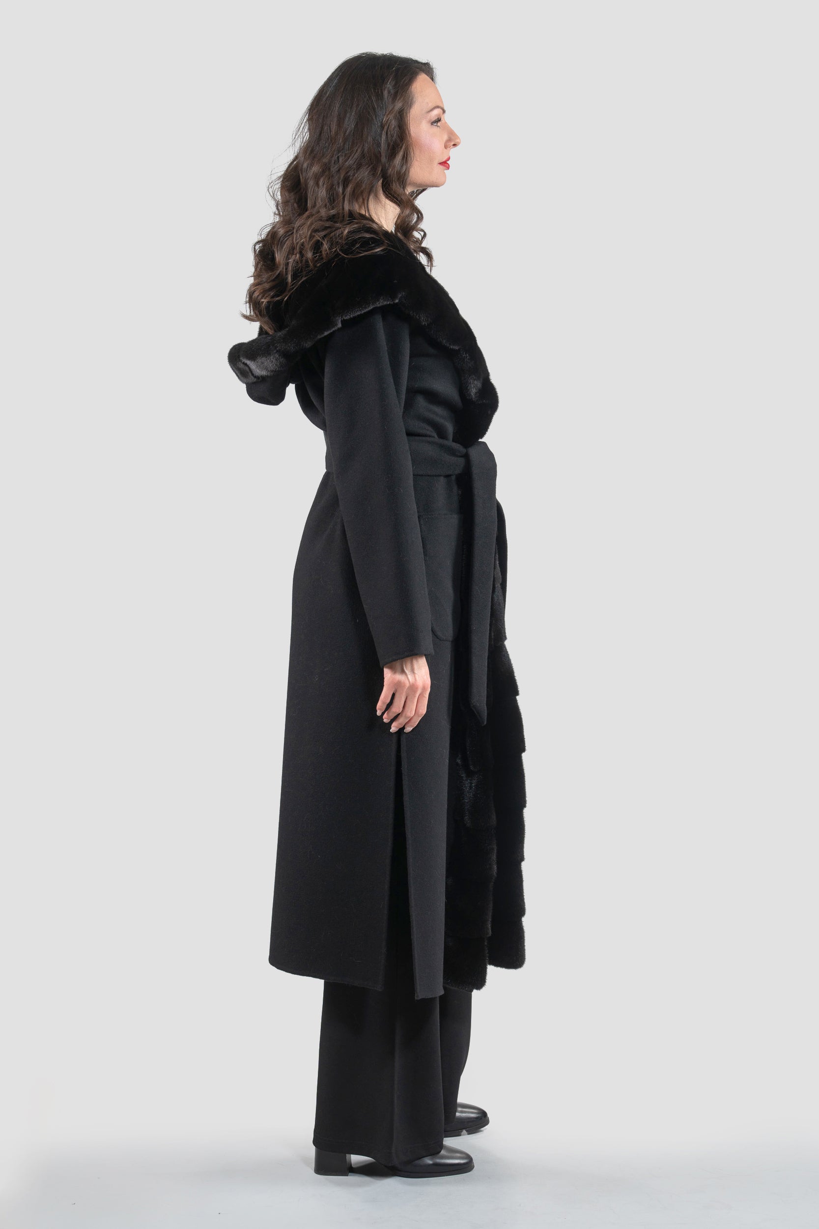 Black Cashmere Hooded Coat with Mink Trim