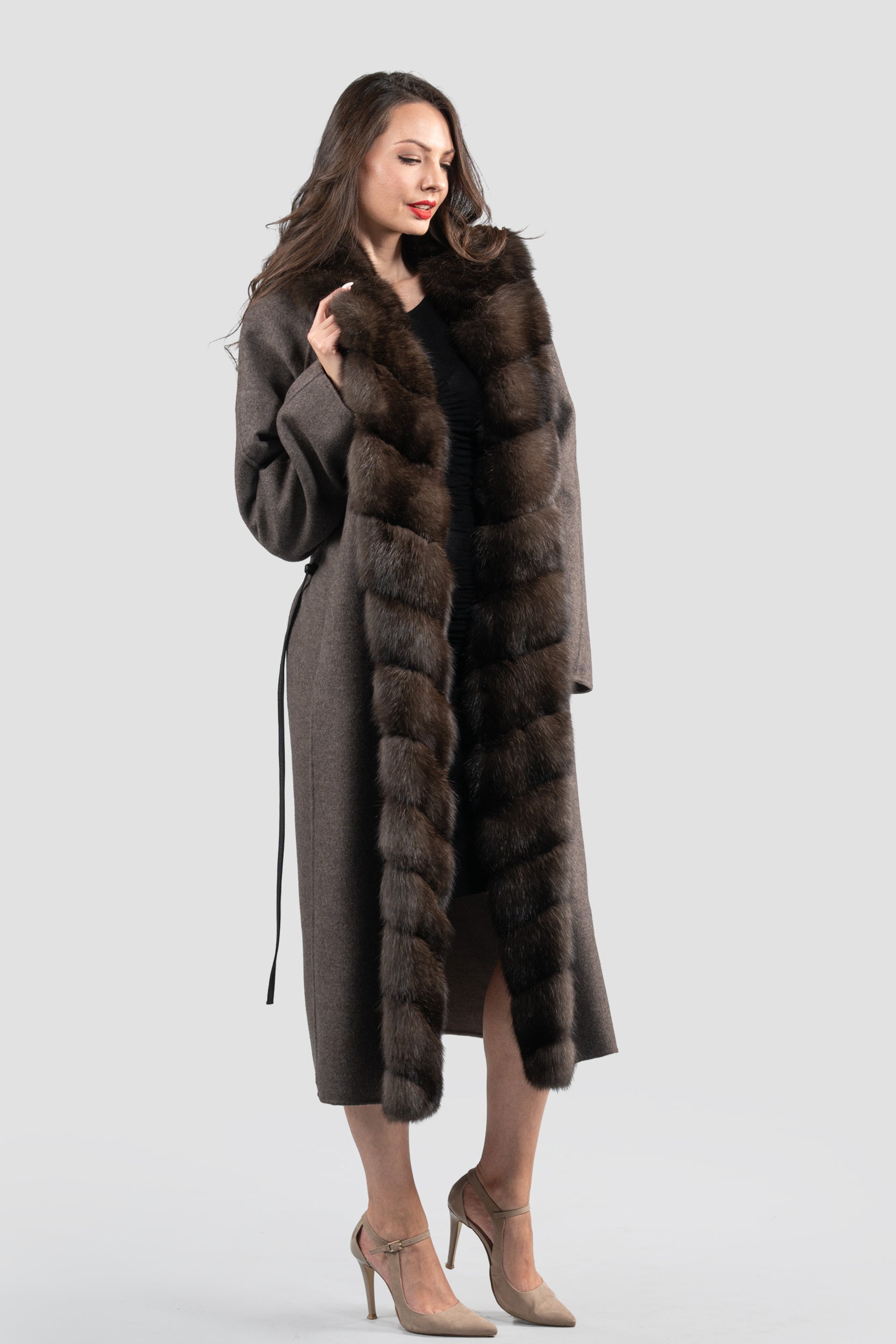 Brown Grey Cashmere Coat with Russian Sable Trim